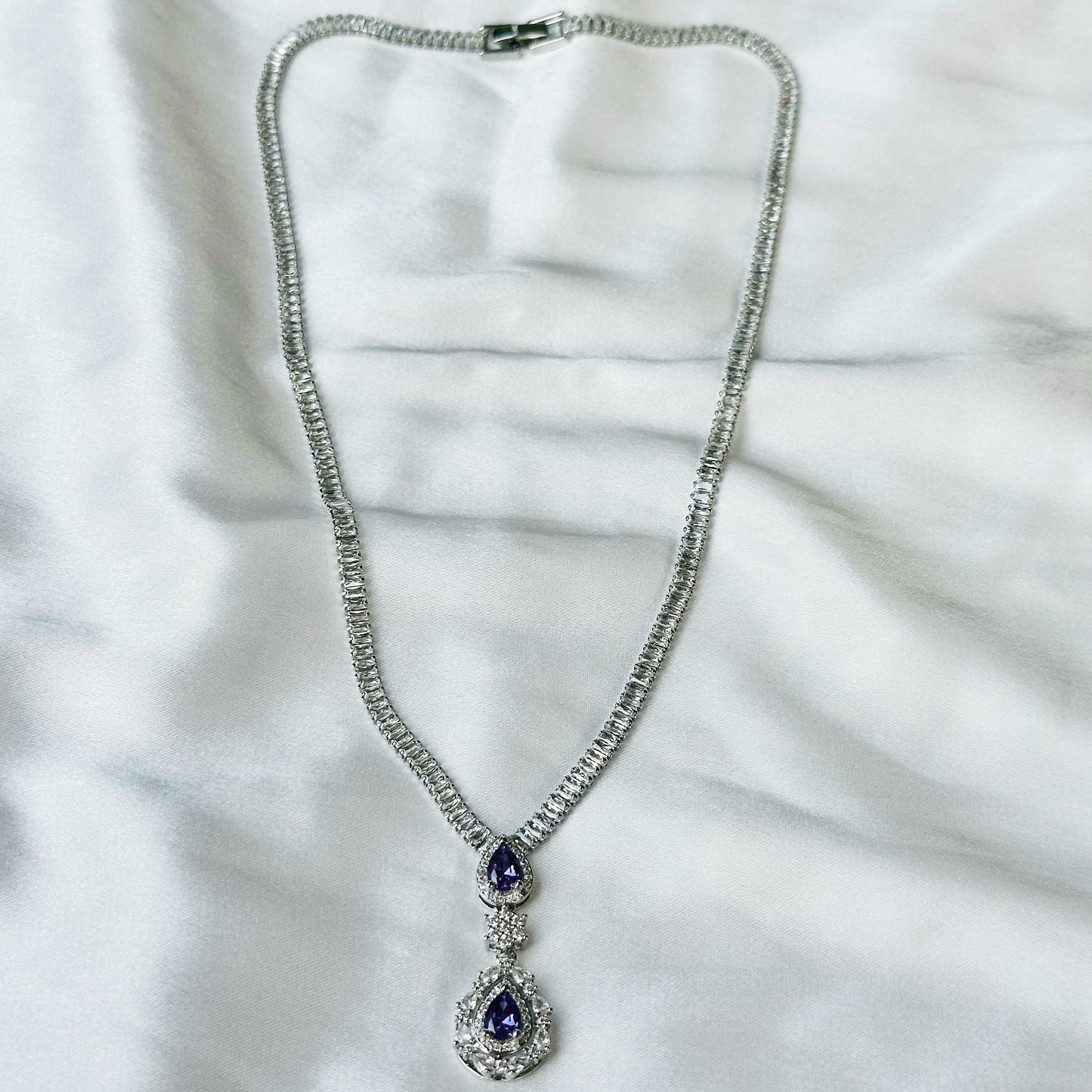 Light Purple Amethyst Cubic Zircon American Diamond Silver Plated Necklace Set
