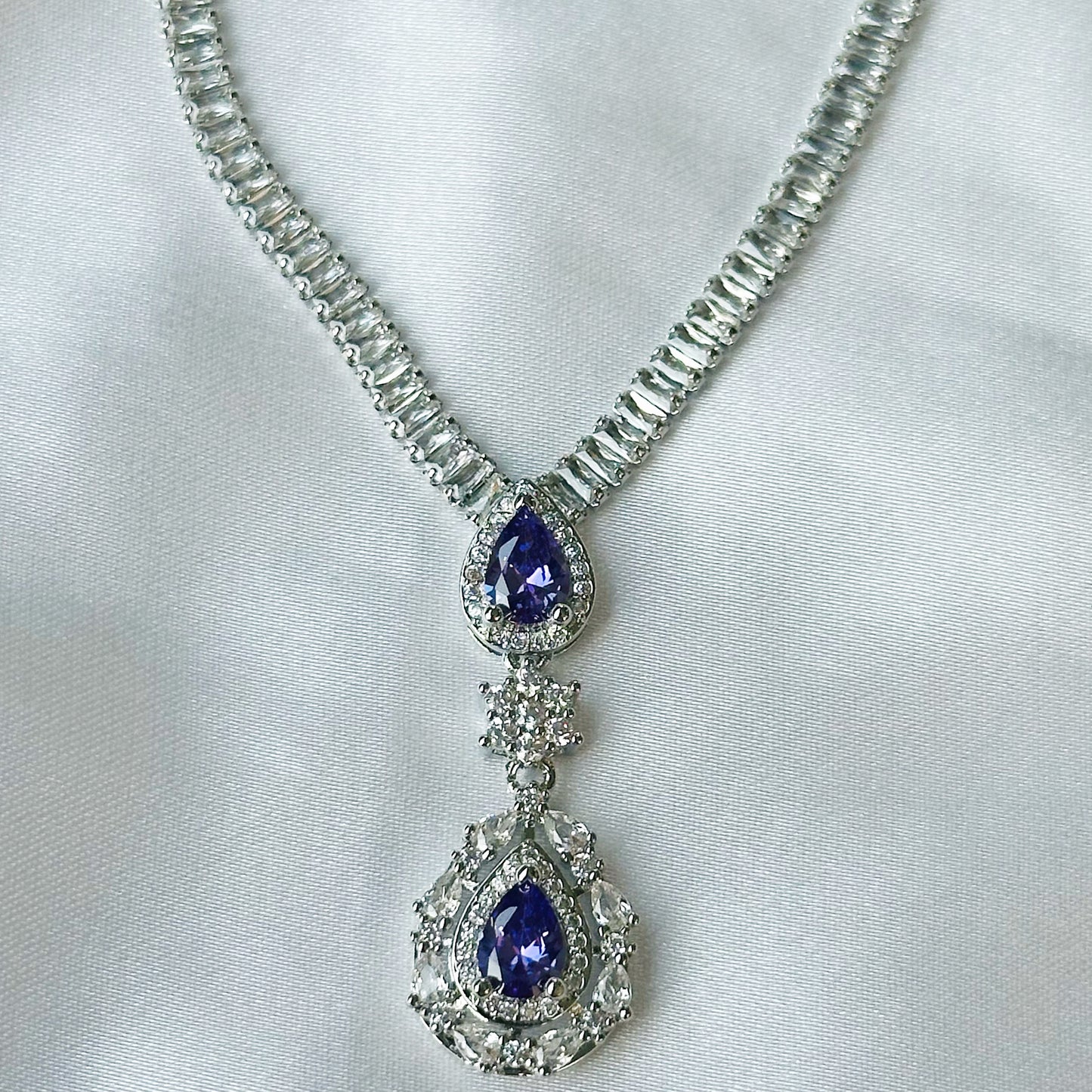 Light Purple Amethyst Cubic Zircon American Diamond Silver Plated Necklace Set