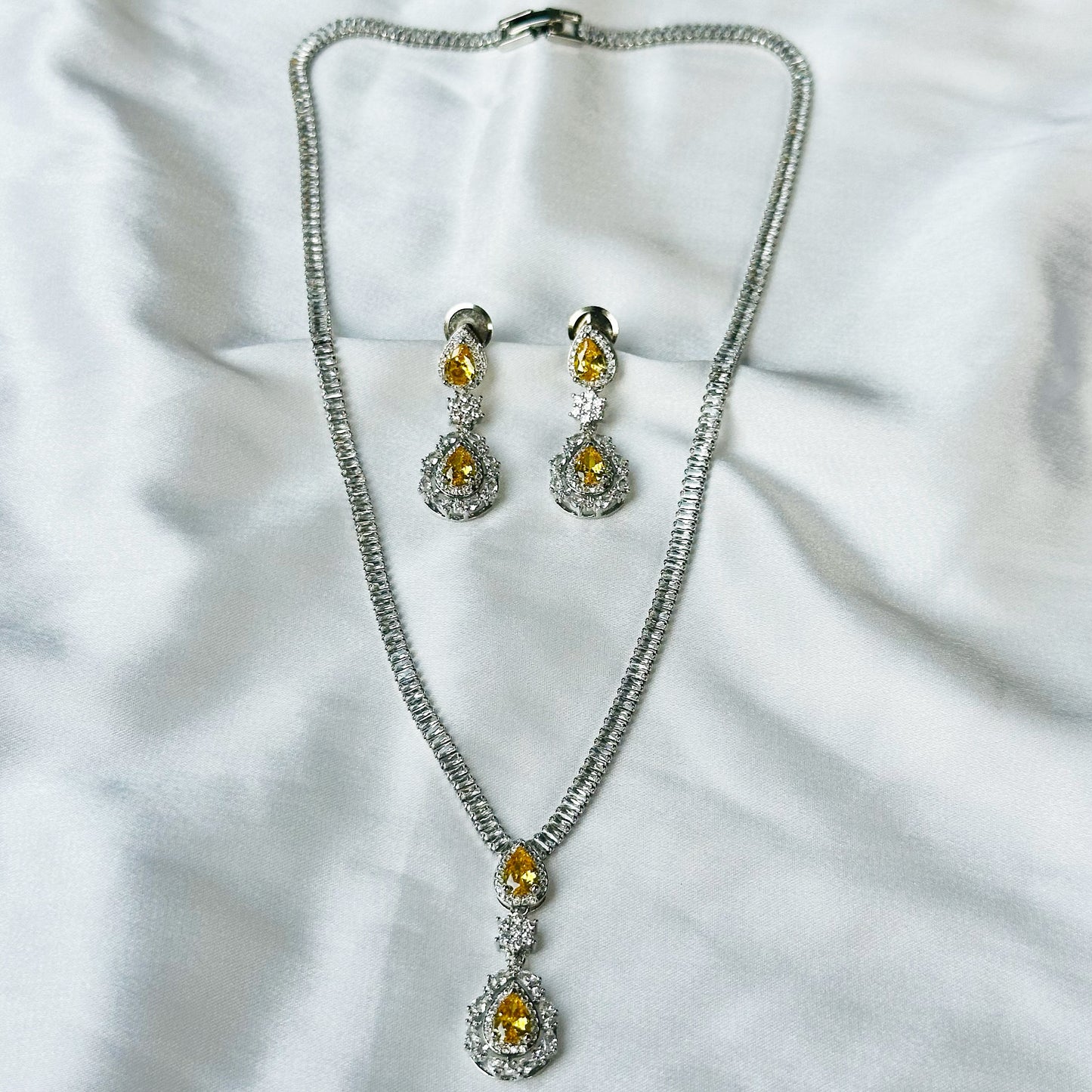 Yellow Topaz Cubic Zircon American Diamond Silver Plated Necklace Set