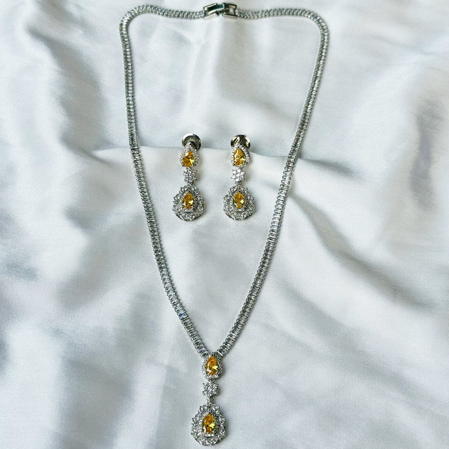 Yellow Topaz Cubic Zircon American Diamond Silver Plated Necklace Set