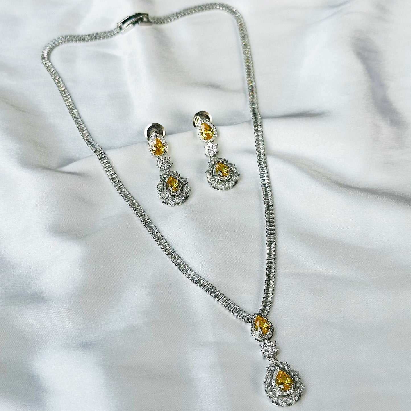 Yellow Topaz Cubic Zircon American Diamond Silver Plated Necklace Set