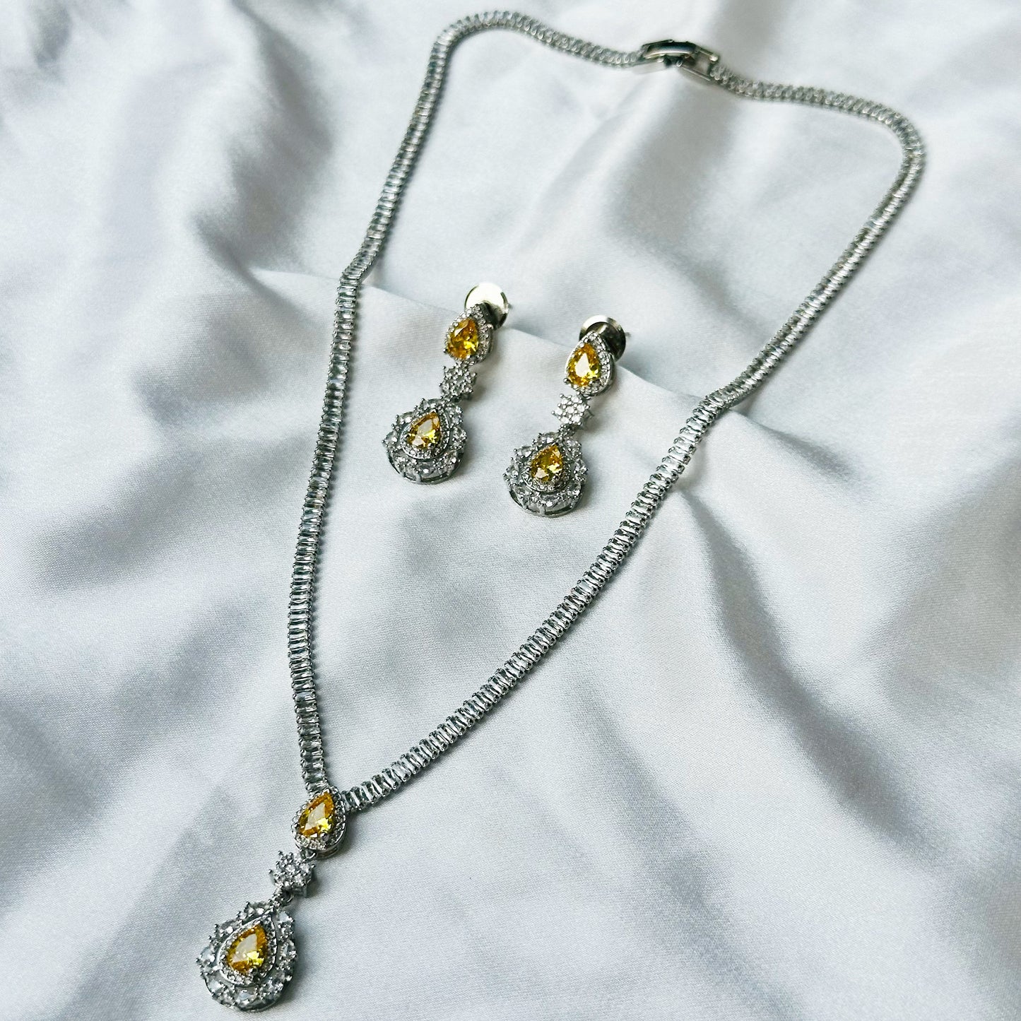 Yellow Topaz Cubic Zircon American Diamond Silver Plated Necklace Set