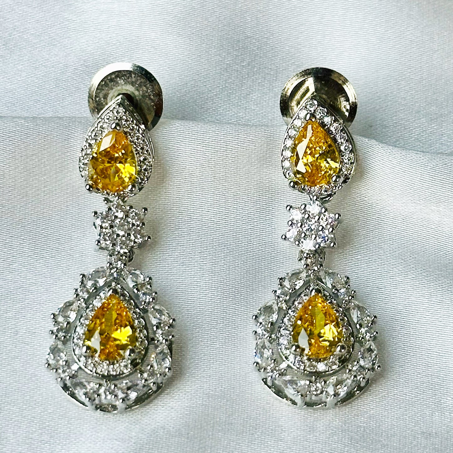 Yellow Topaz Cubic Zircon American Diamond Silver Plated Necklace Set