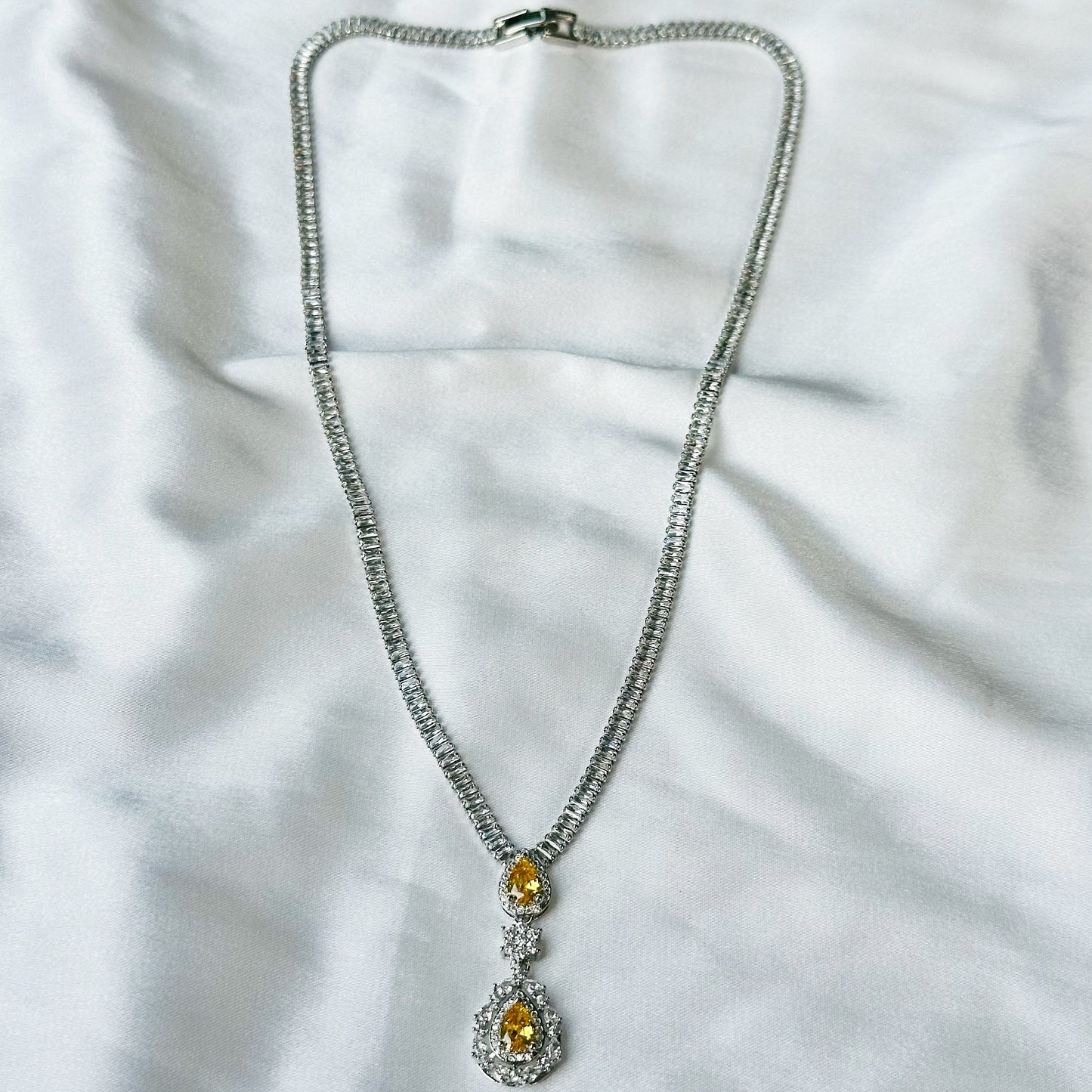 Yellow Topaz Cubic Zircon American Diamond Silver Plated Necklace Set