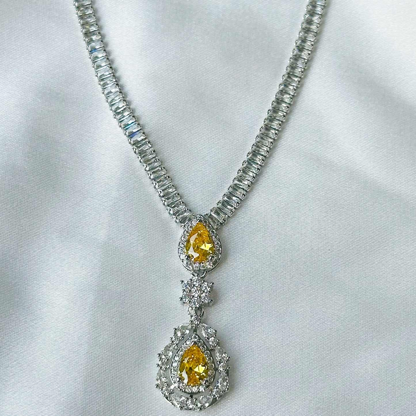 Yellow Topaz Cubic Zircon American Diamond Silver Plated Necklace Set