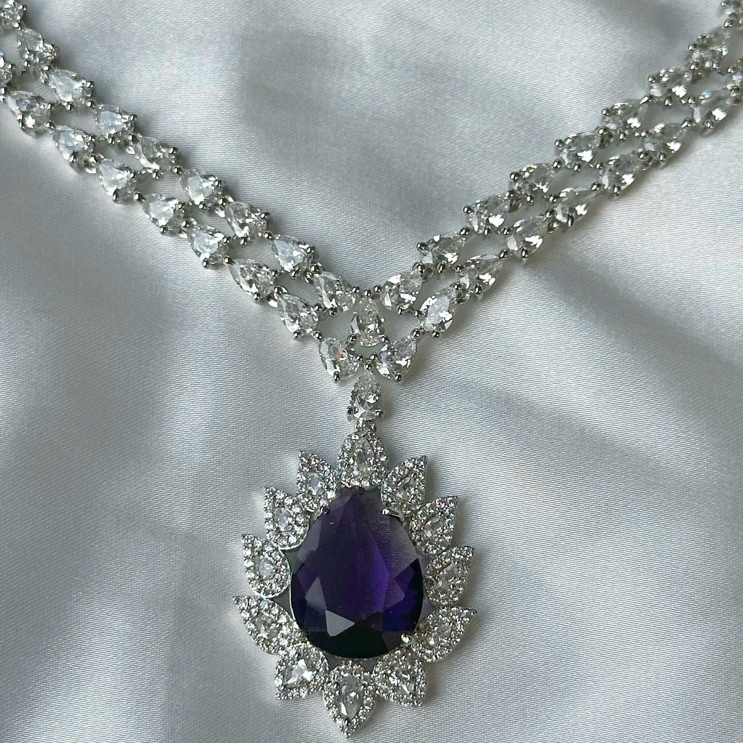 Purple Amethyst Cubic Zirconia American Diamond Silver Plated Necklace Set