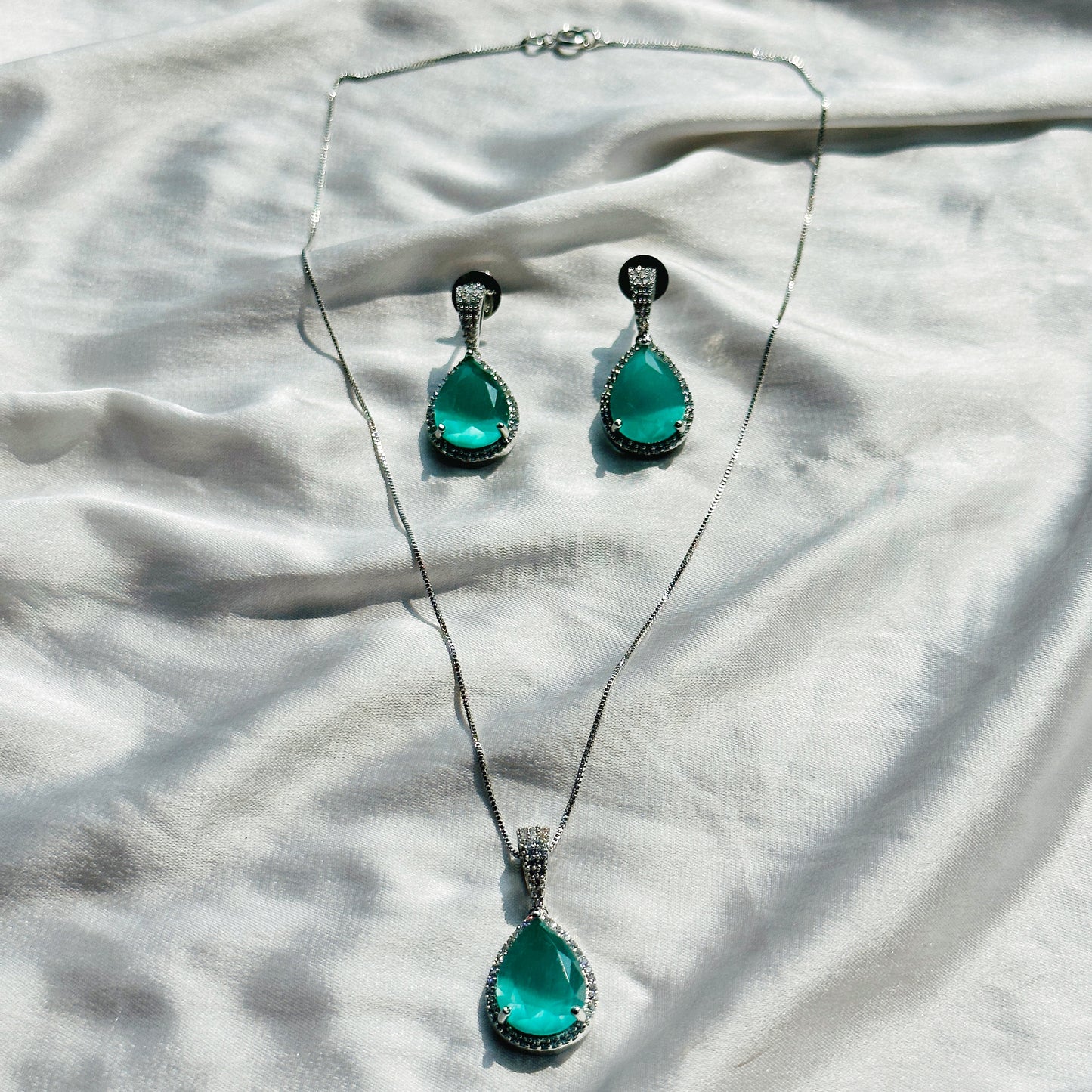 Mint Green Topaz Cubic Zircon American Diamond Silver Plated Pendant Set
