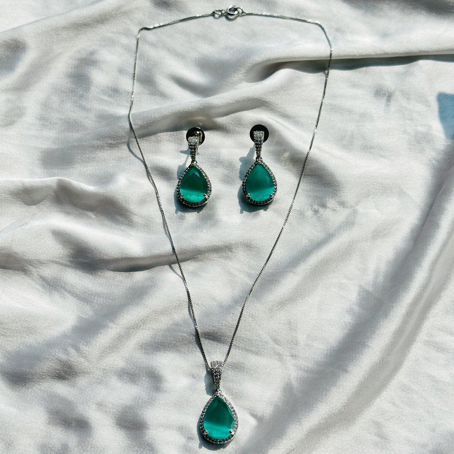 Mint Green Topaz Cubic Zircon American Diamond Silver Plated Pendant Set