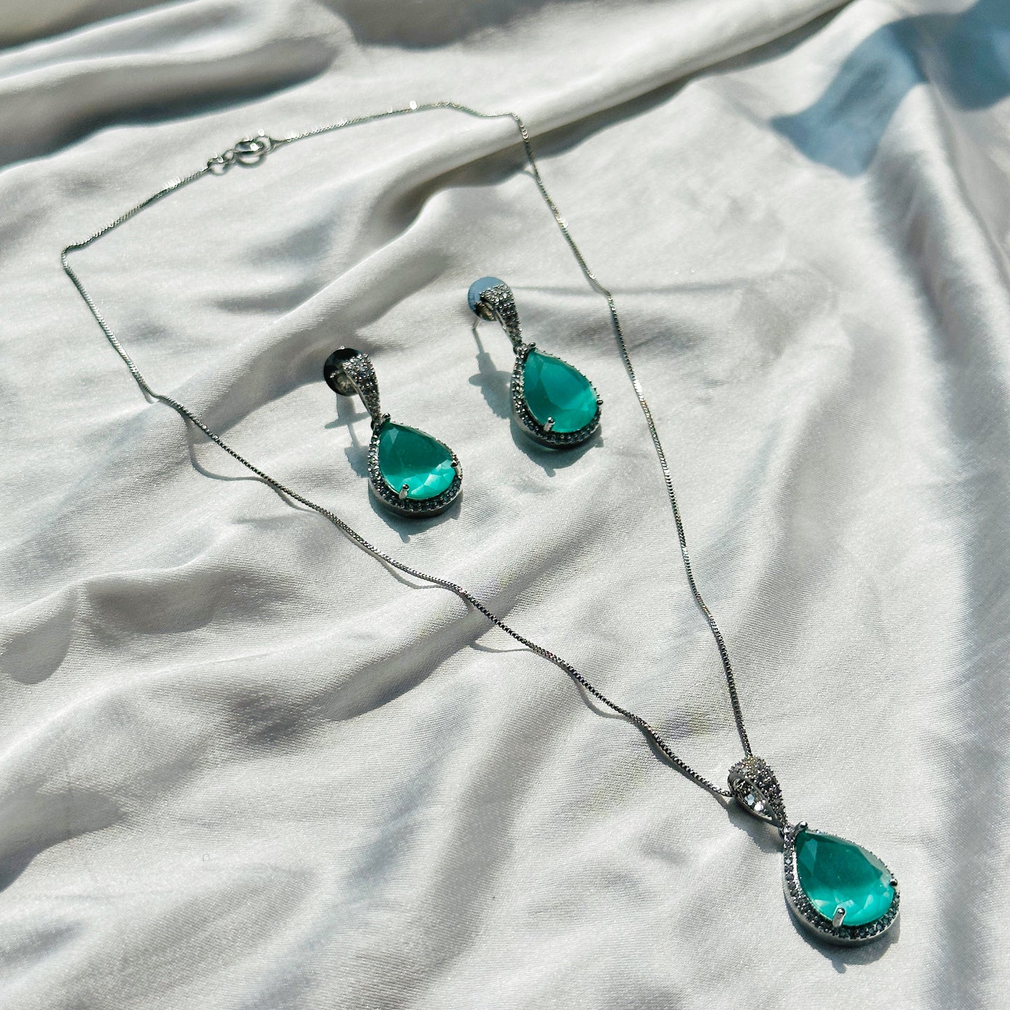 Mint Green Topaz Cubic Zircon American Diamond Silver Plated Pendant Set