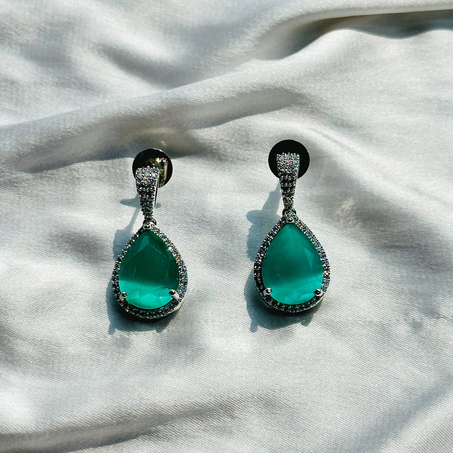 Mint Green Topaz Cubic Zircon American Diamond Silver Plated Pendant Set