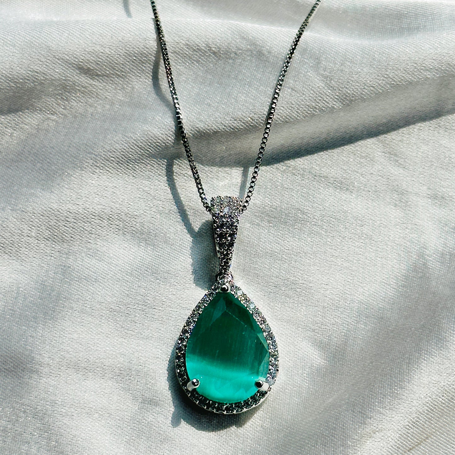 Mint Green Topaz Cubic Zircon American Diamond Silver Plated Pendant Set