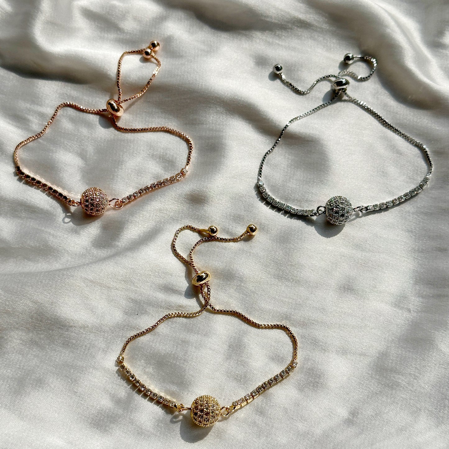 Rose Gold, Silver & Gold Plated American Diamond Chain Lock Bracelets, (Set of 3)