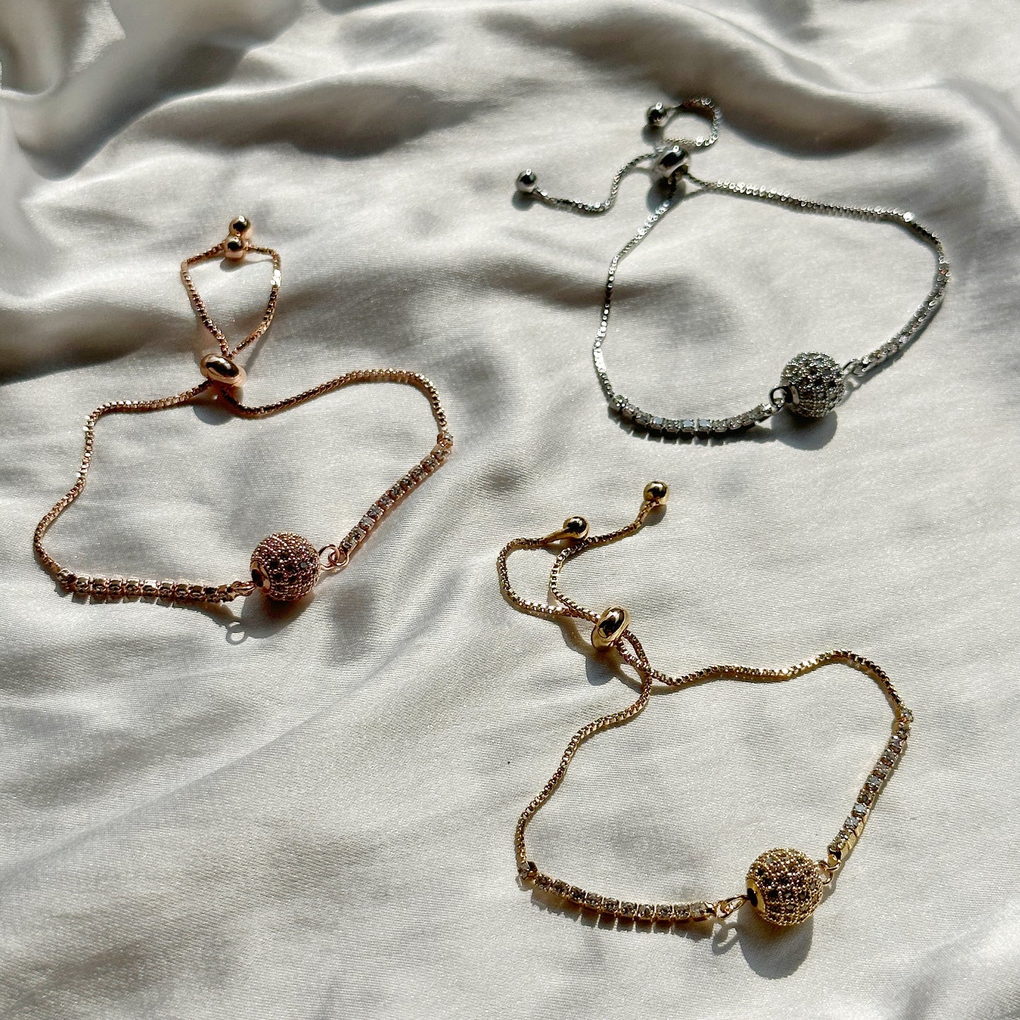 Rose Gold, Silver & Gold Plated American Diamond Chain Lock Bracelets, (Set of 3)