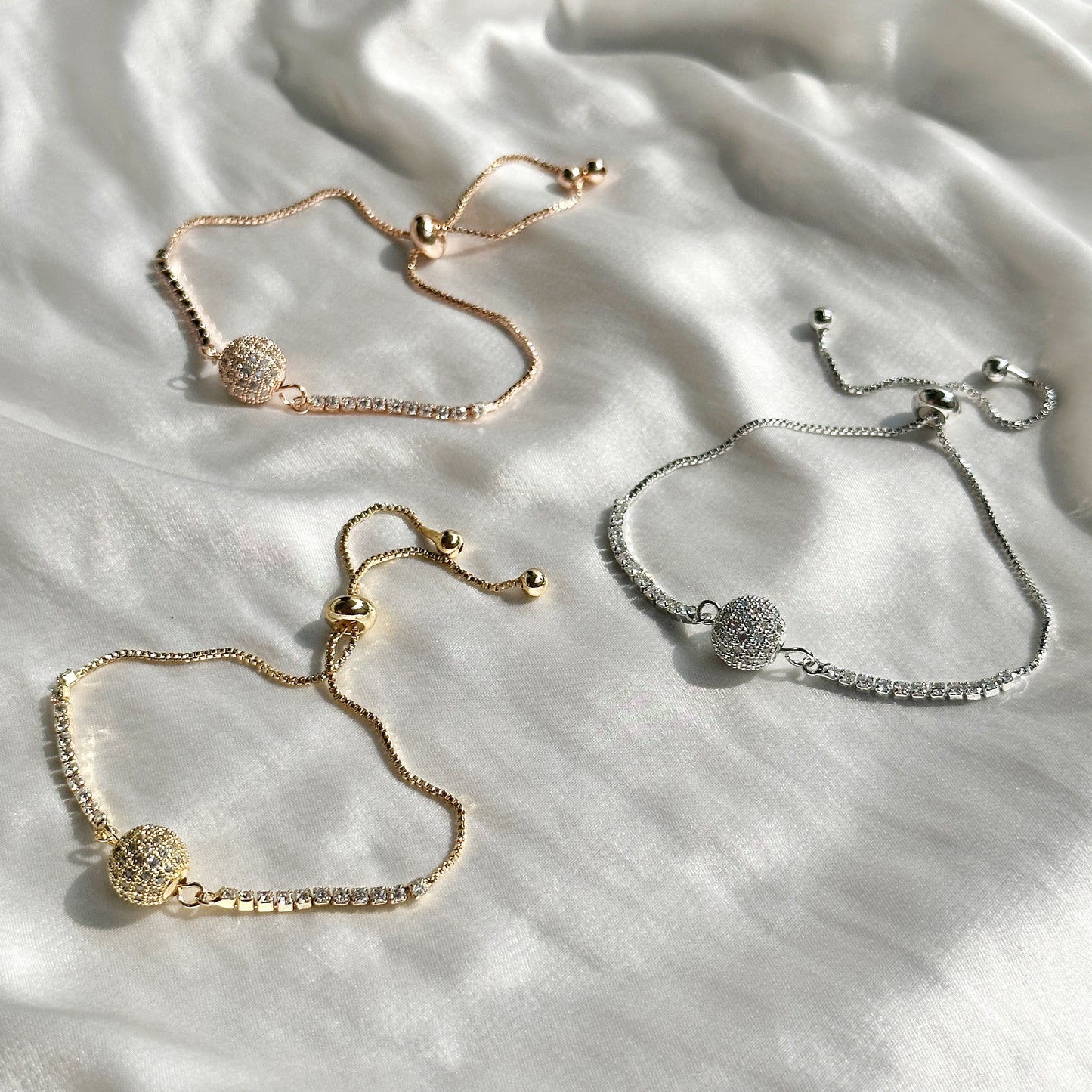 Rose Gold, Silver & Gold Plated American Diamond Chain Lock Bracelets, (Set of 3)