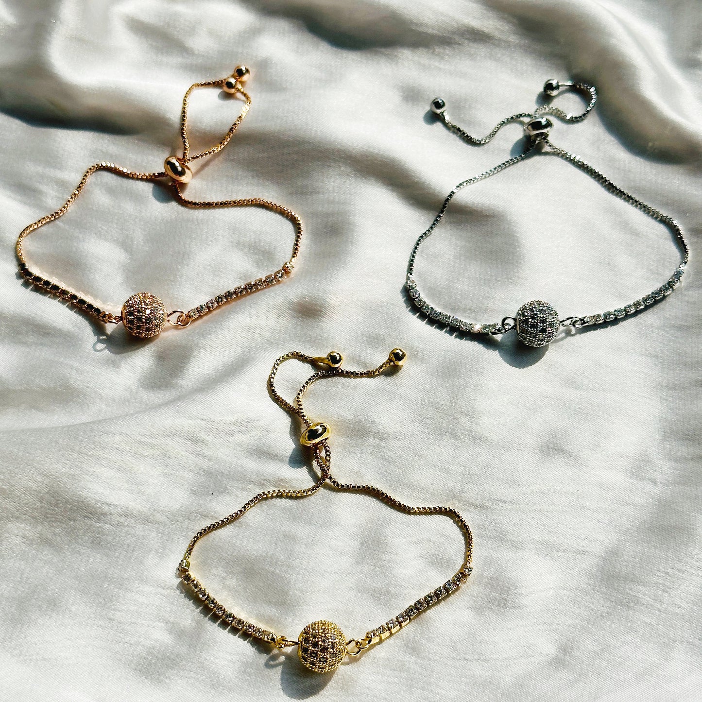 Rose Gold, Silver & Gold Plated American Diamond Chain Lock Bracelets, (Set of 3)