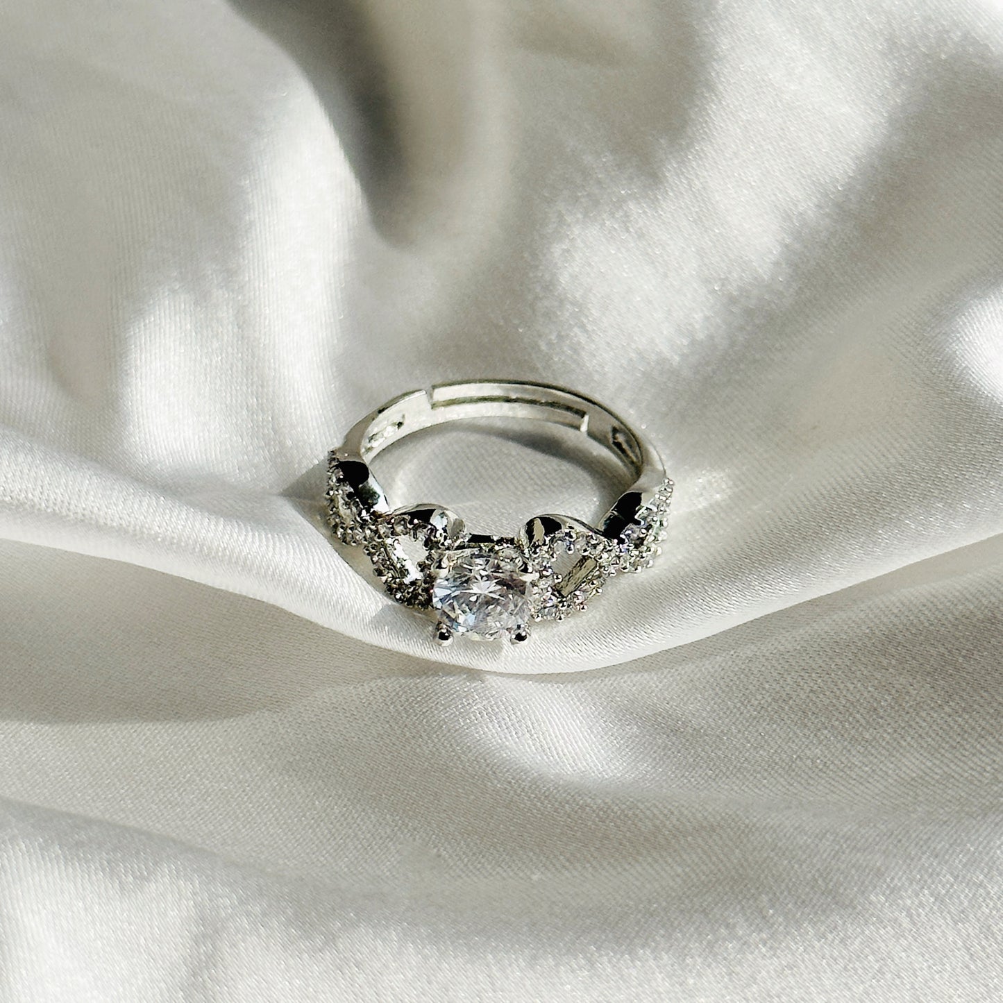 American Diamond Silver Plated Adjustable Ring
