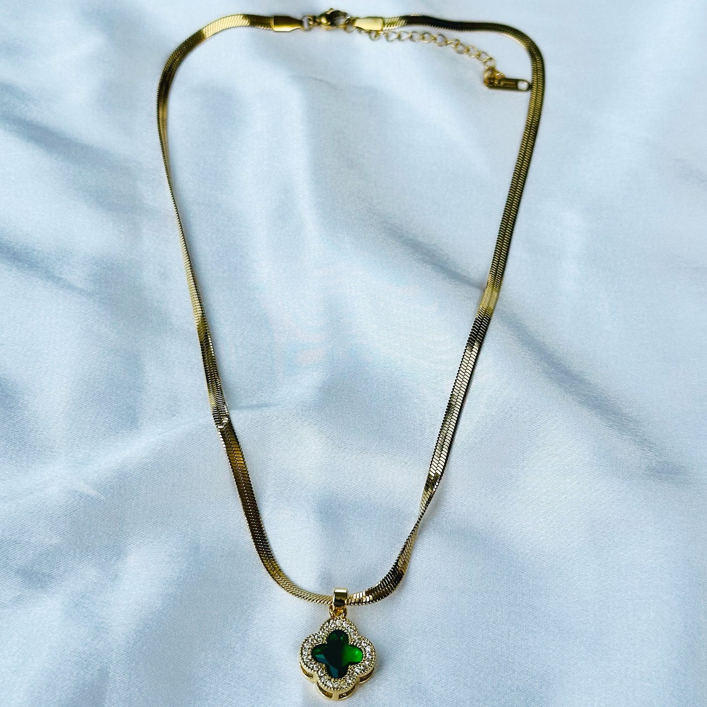Green Emerald Floral Design Gold Plated Stainless Steel Necklace