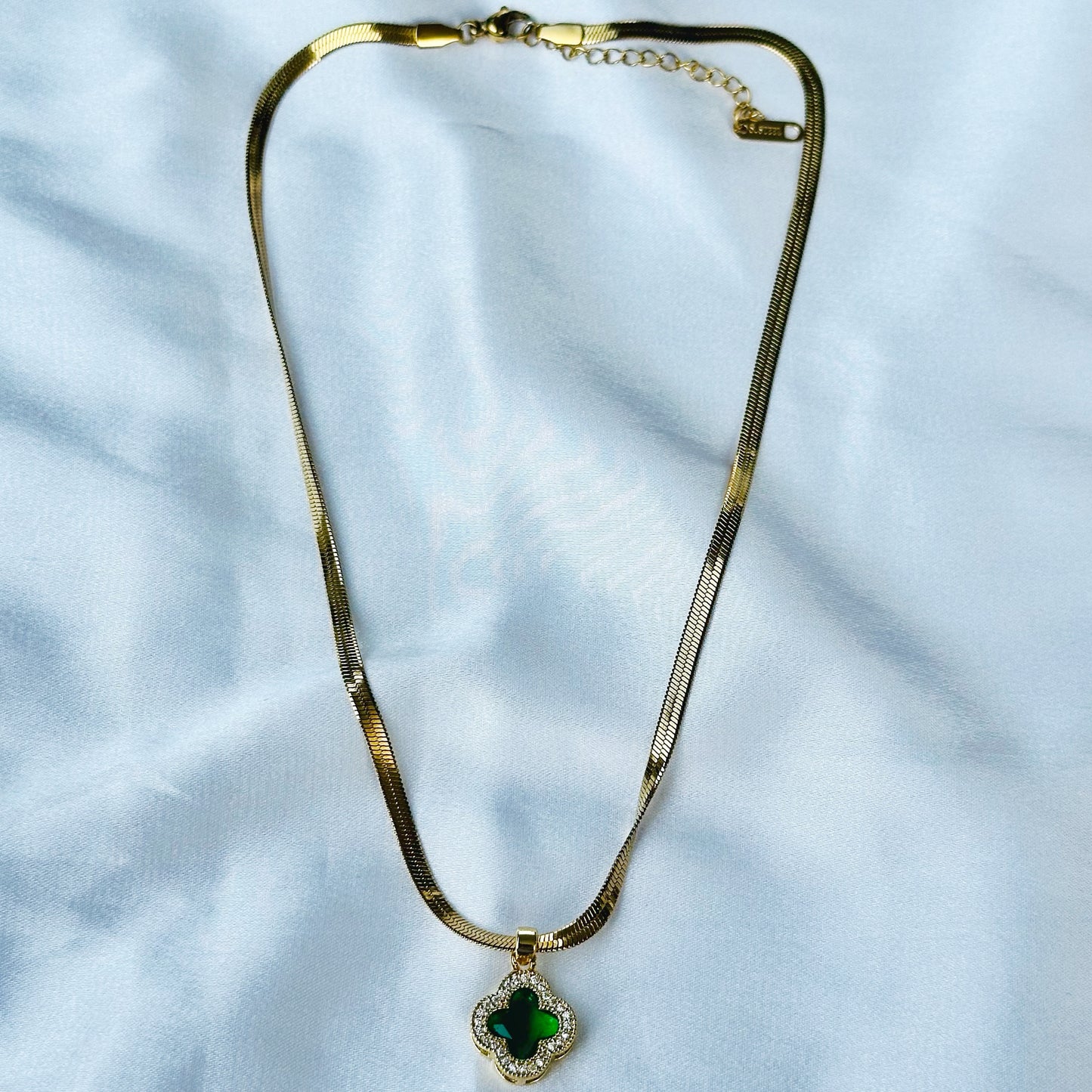 Green Emerald Floral Design Gold Plated Stainless Steel Necklace