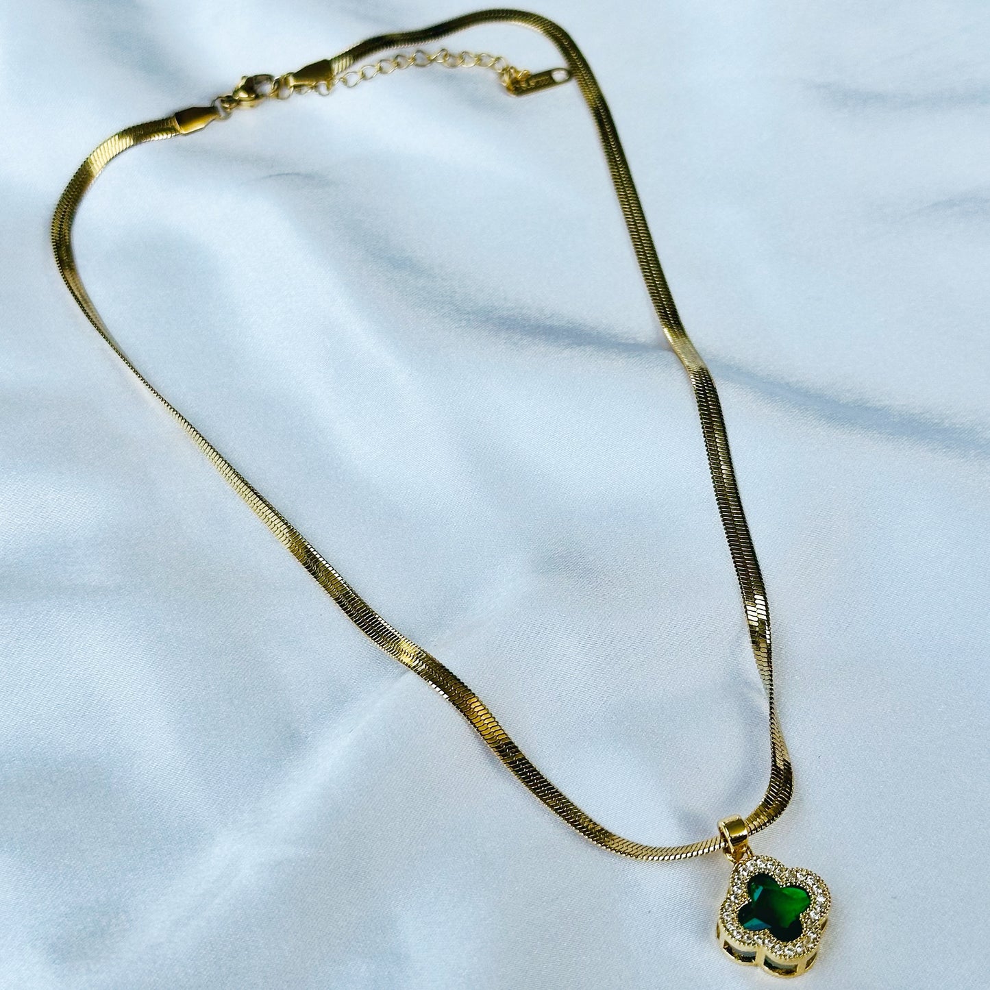 Green Emerald Floral Design Gold Plated Stainless Steel Necklace