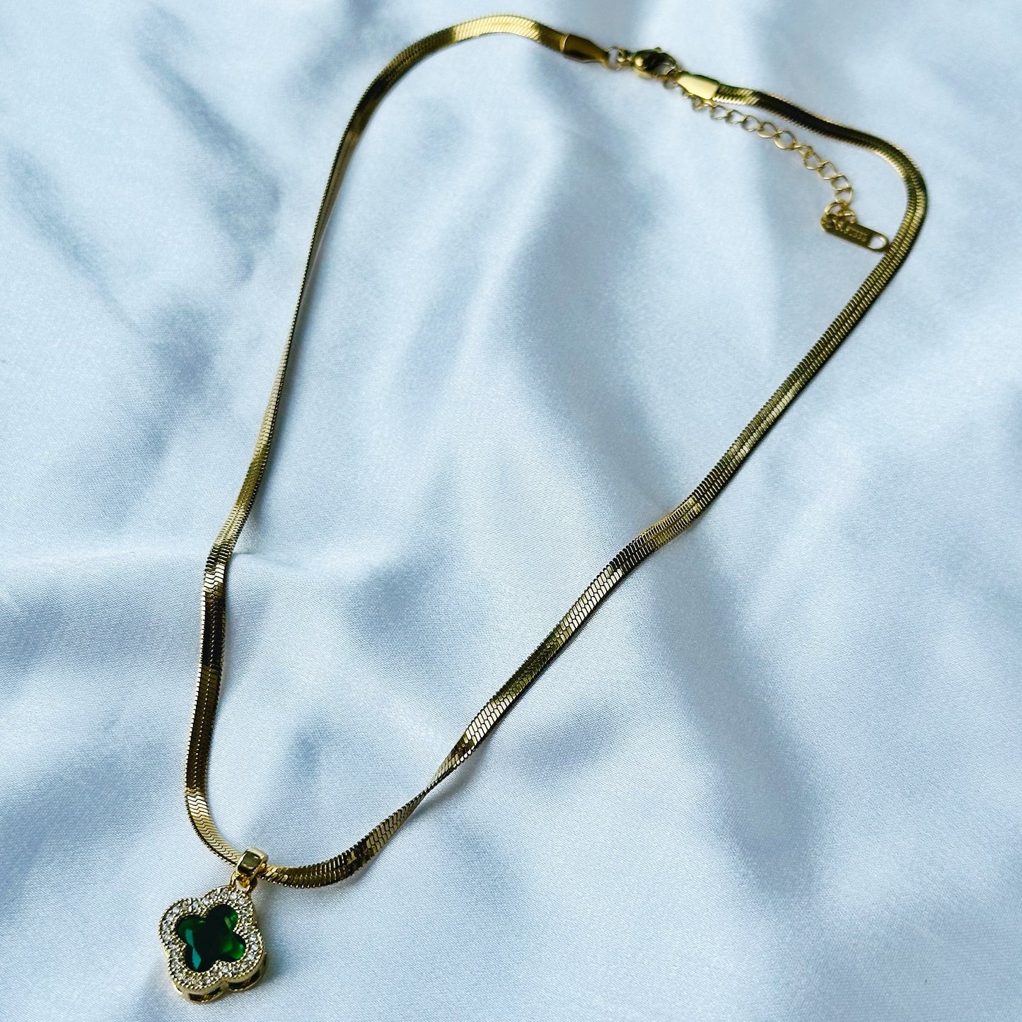 Green Emerald Floral Design Gold Plated Stainless Steel Necklace