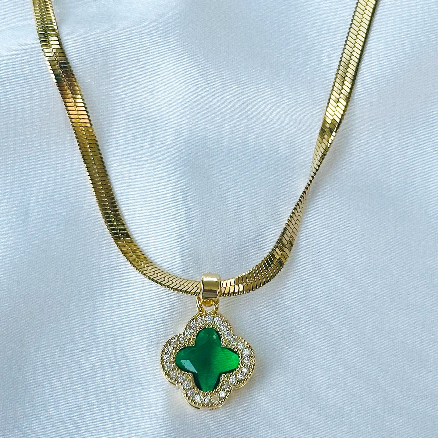 Green Emerald Floral Design Gold Plated Stainless Steel Necklace