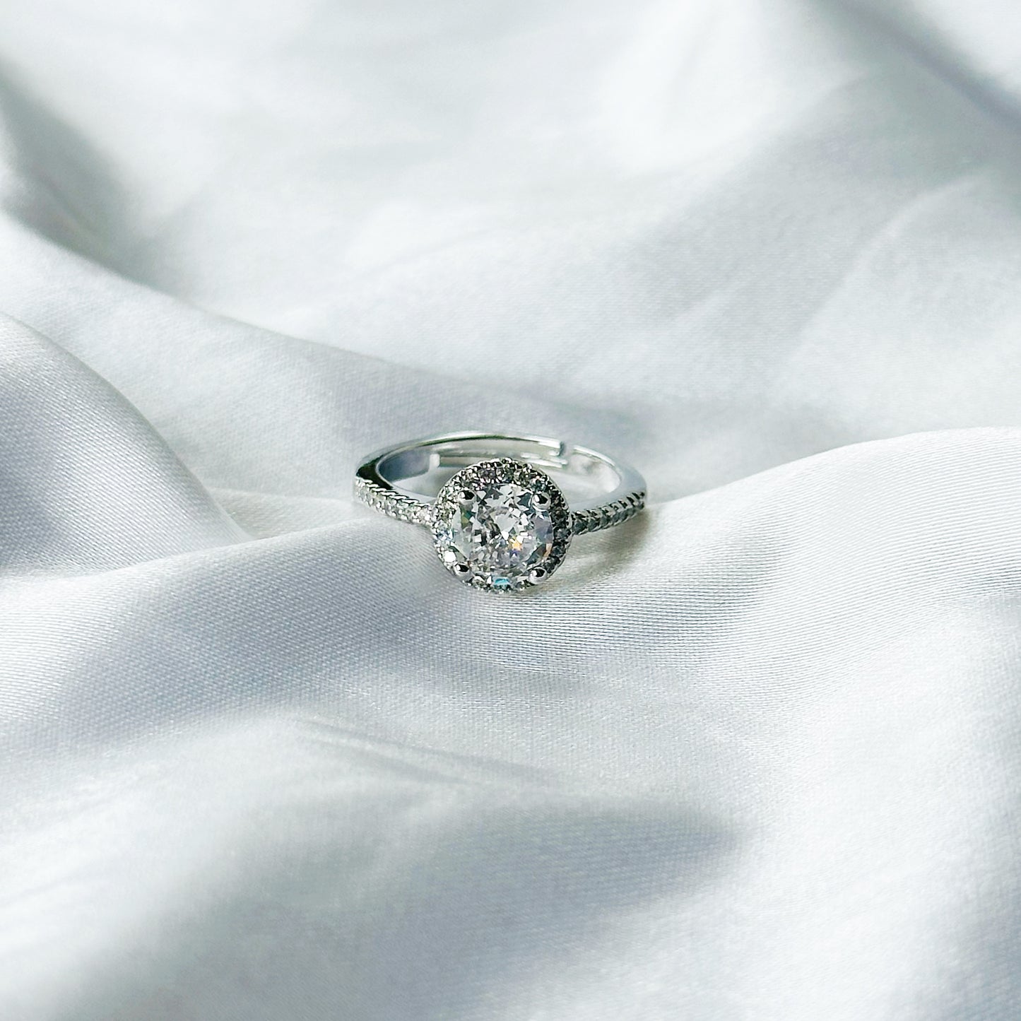 Solitaire Cubic Zircon Crushed Ice Cut Stone American Diamond Silver Plated Adjustable Ring