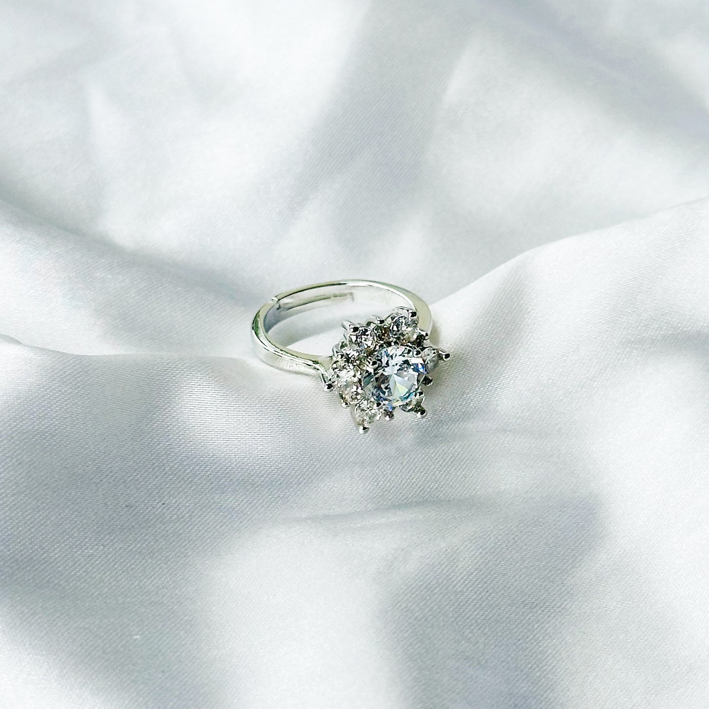 Solitaire Cubic Zircon Crushed Ice Cut Stone American Diamond Silver Plated Adjustable Ring