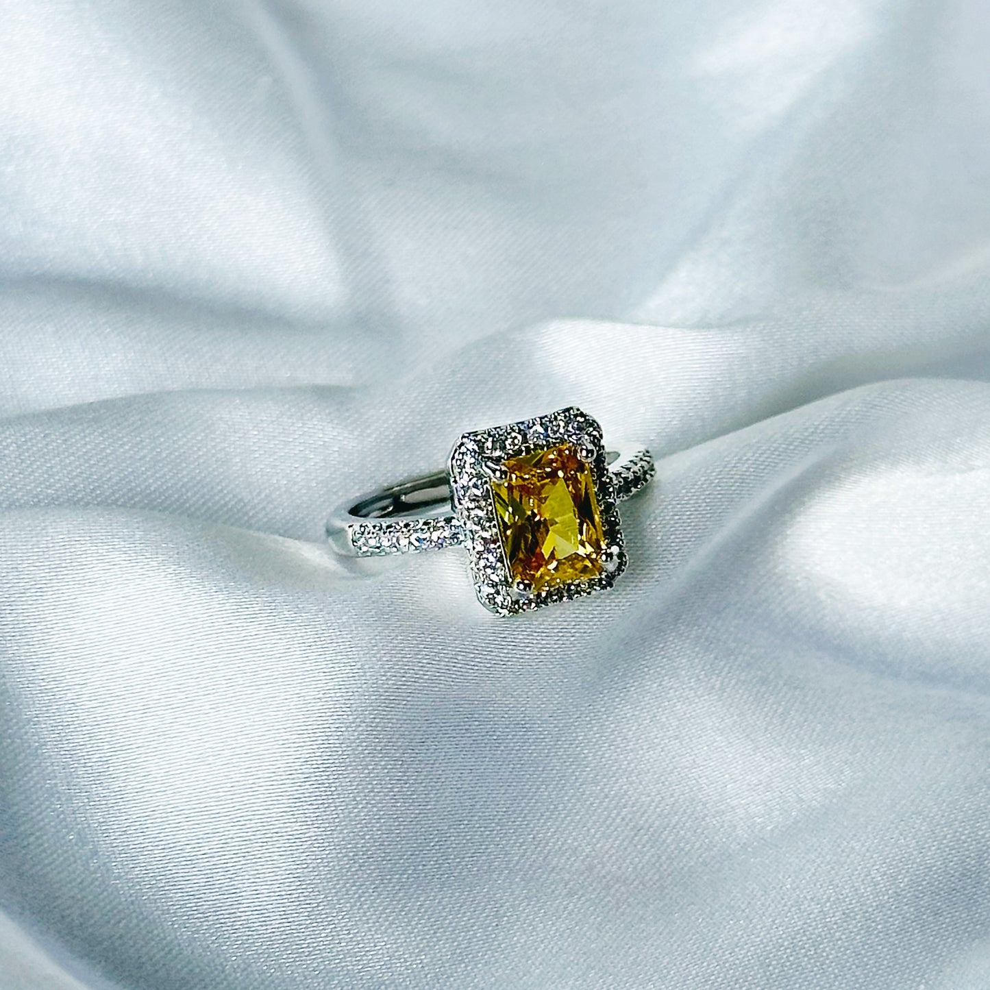 Yellow Topaz Cubic Zircon American Diamond Silver Plated Adjustable Ring