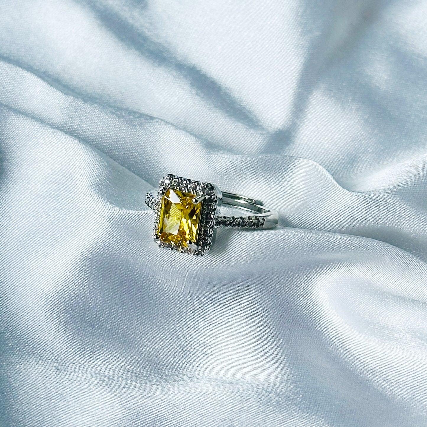 Yellow Topaz Cubic Zircon American Diamond Silver Plated Adjustable Ring