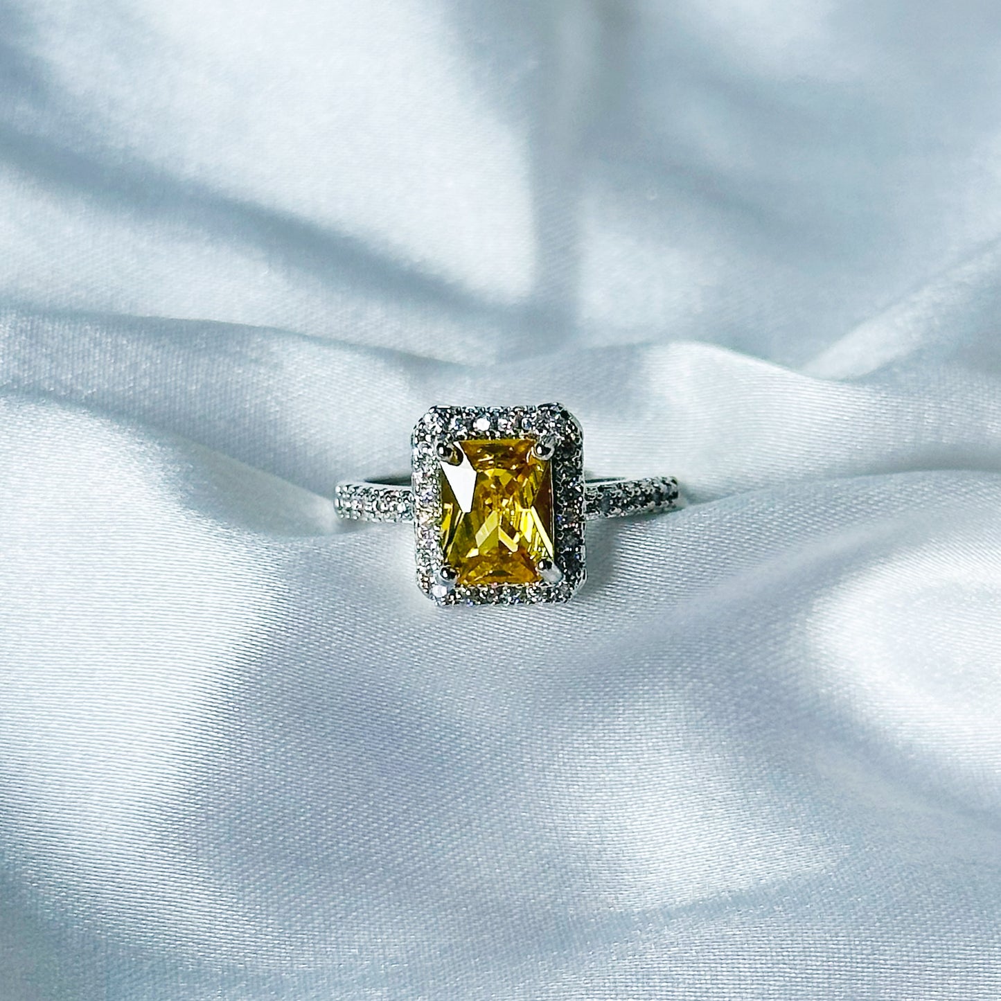 Yellow Topaz Cubic Zircon American Diamond Silver Plated Adjustable Ring