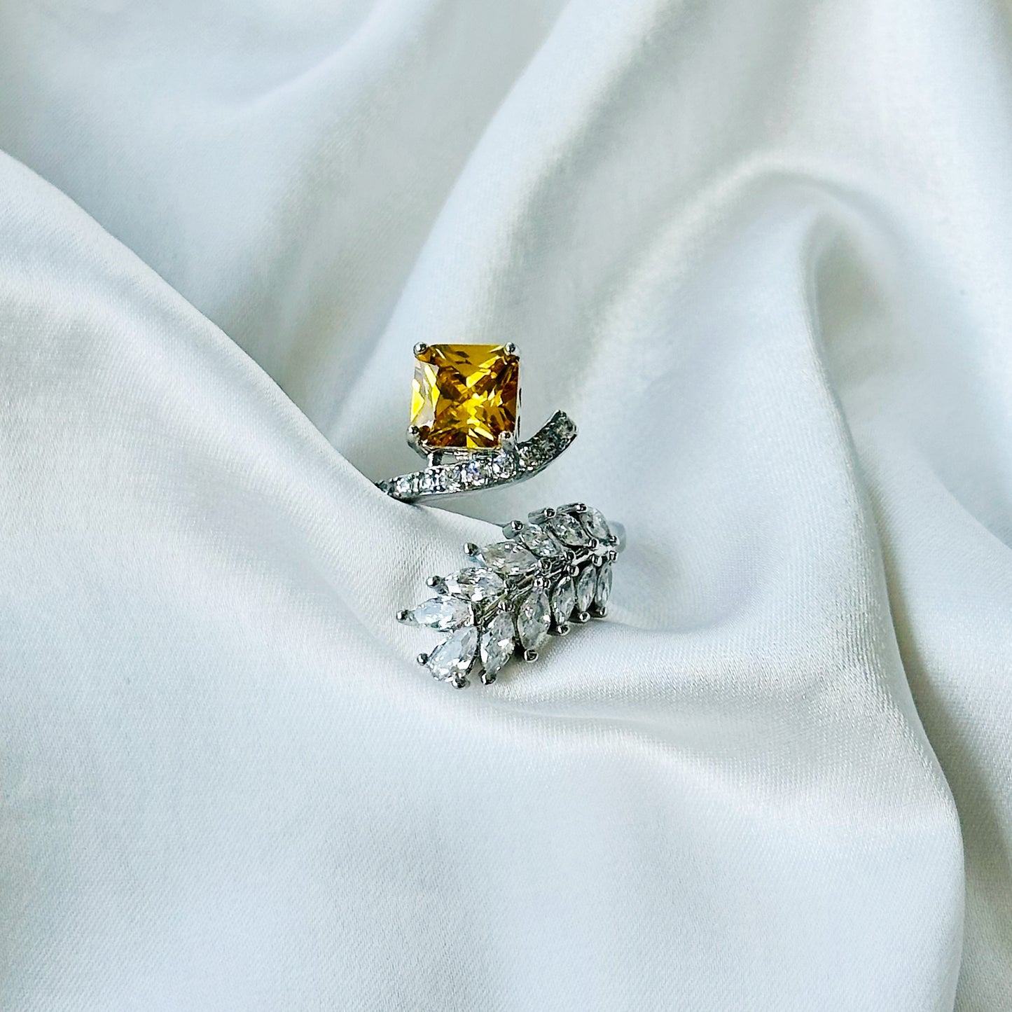 Yellow Topaz Cubic Zircon American Diamond Silver Plated Adjustable Ring