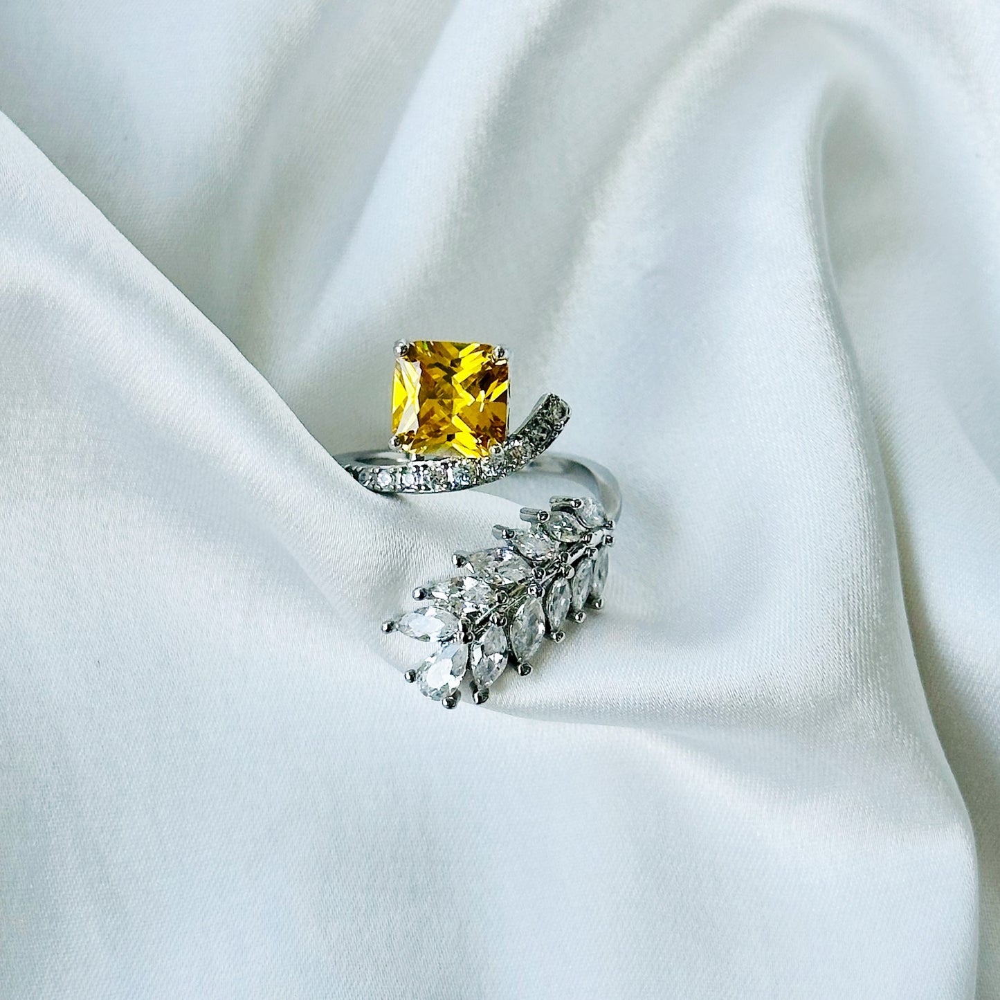 Yellow Topaz Cubic Zircon American Diamond Silver Plated Adjustable Ring