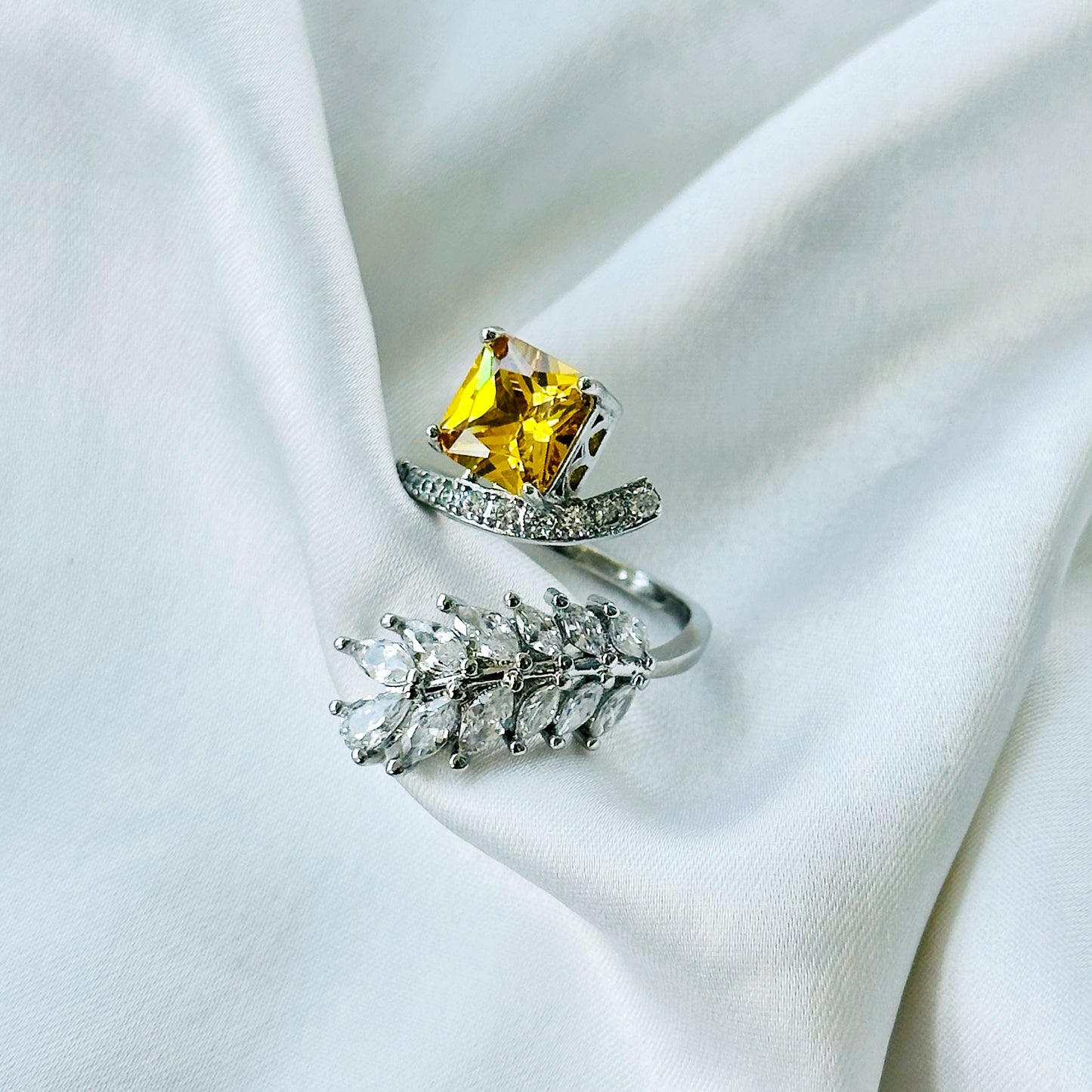 Yellow Topaz Cubic Zircon American Diamond Silver Plated Adjustable Ring