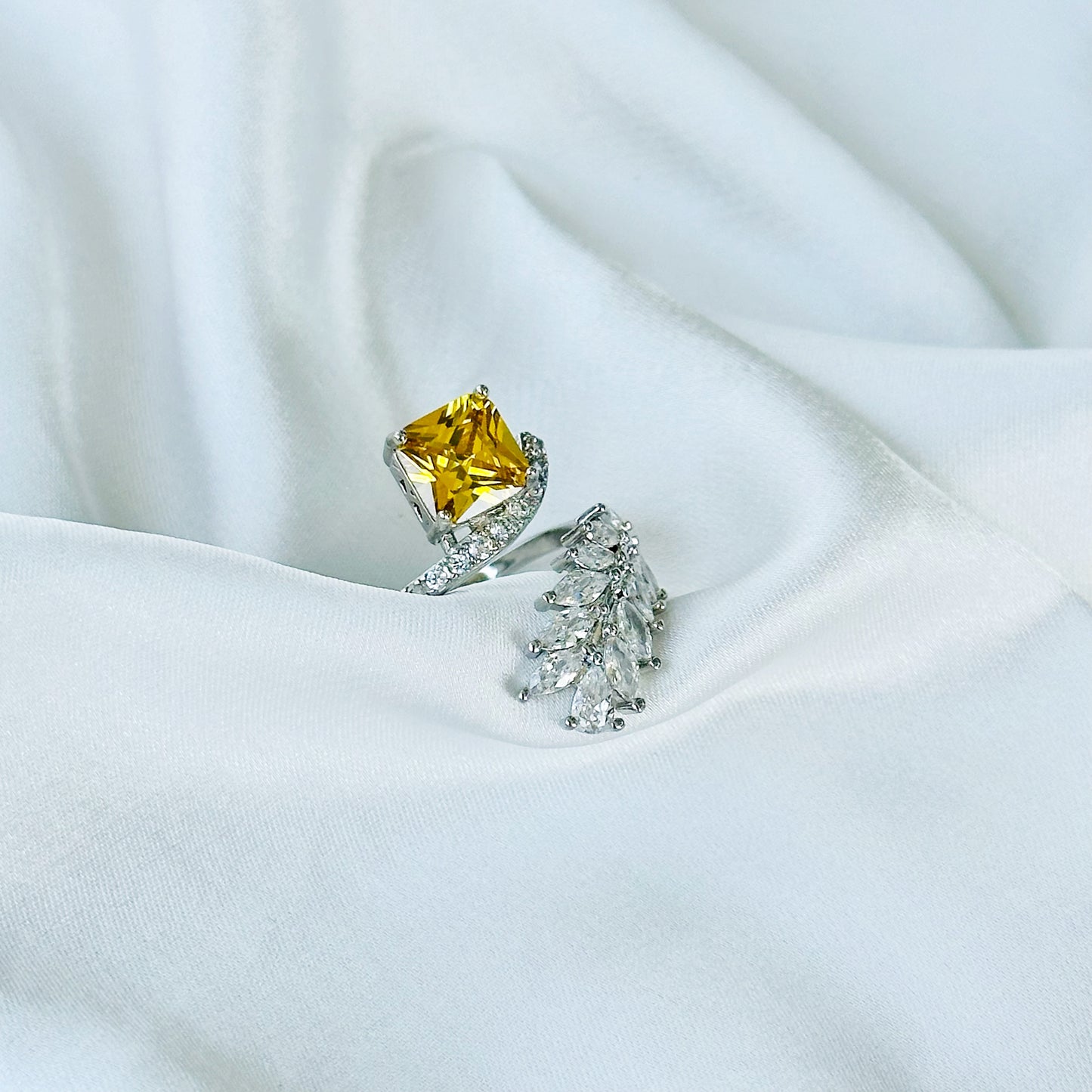 Yellow Topaz Cubic Zircon American Diamond Silver Plated Adjustable Ring