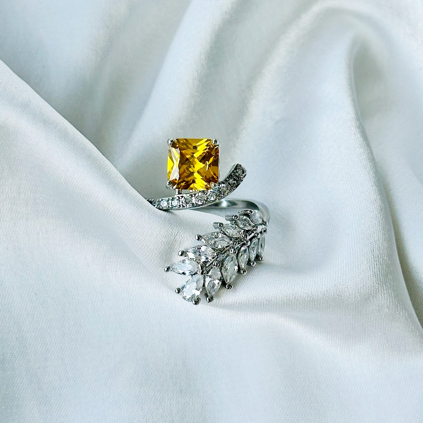 Yellow Topaz Cubic Zircon American Diamond Silver Plated Adjustable Ring