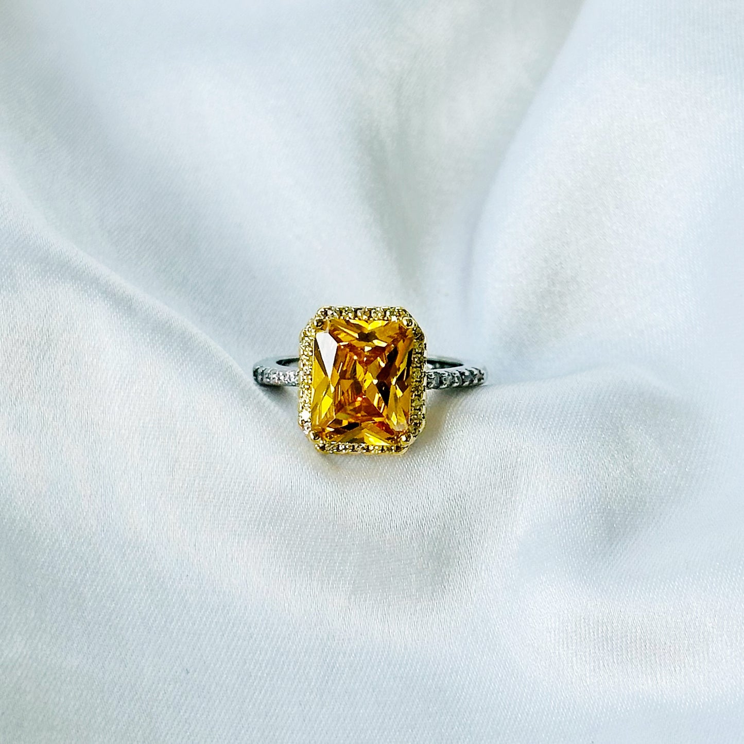 Yellow Topaz Cubic Zircon American Diamond Gold/Silver Plated Adjustable Ring