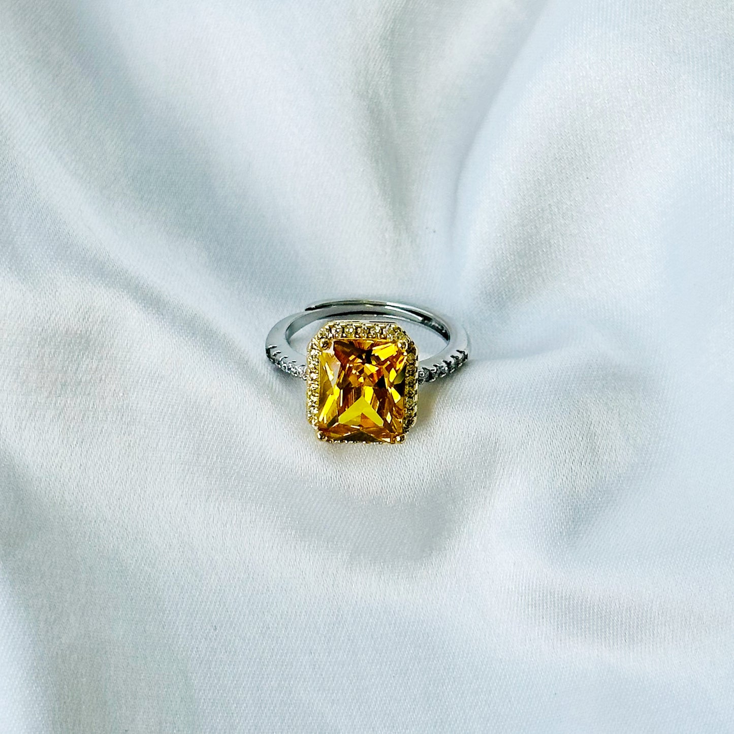 Yellow Topaz Cubic Zircon American Diamond Gold/Silver Plated Adjustable Ring