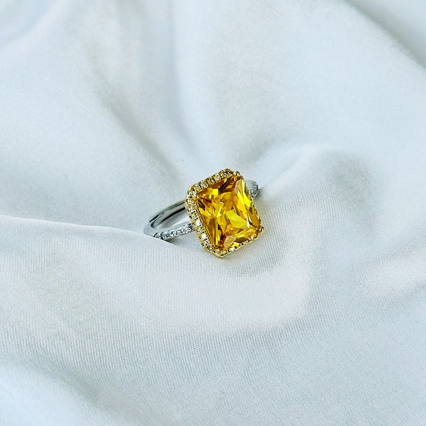 Yellow Topaz Cubic Zircon American Diamond Gold/Silver Plated Adjustable Ring