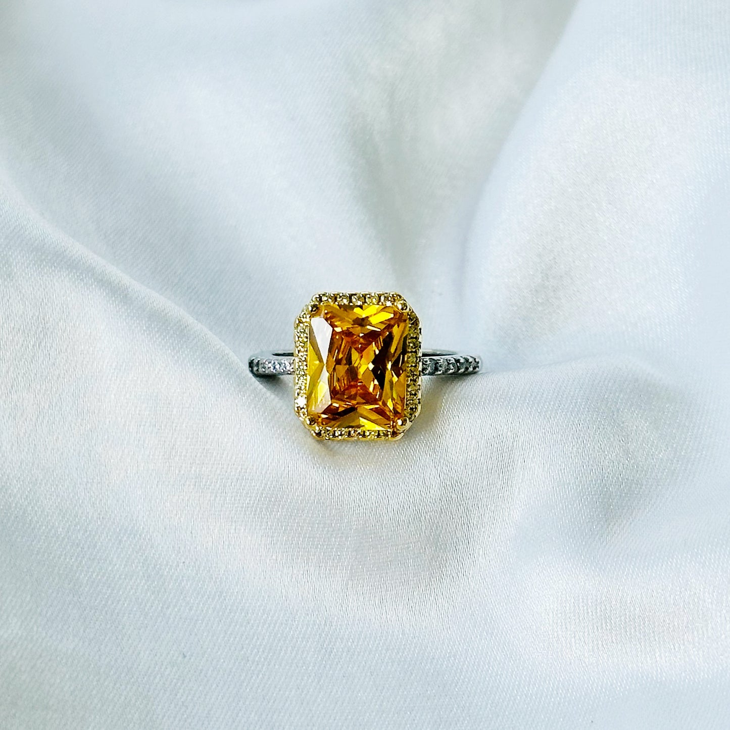 Yellow Topaz Cubic Zirconia Ice Cut American Diamond Gold/Silver Plated Adjustable Ring