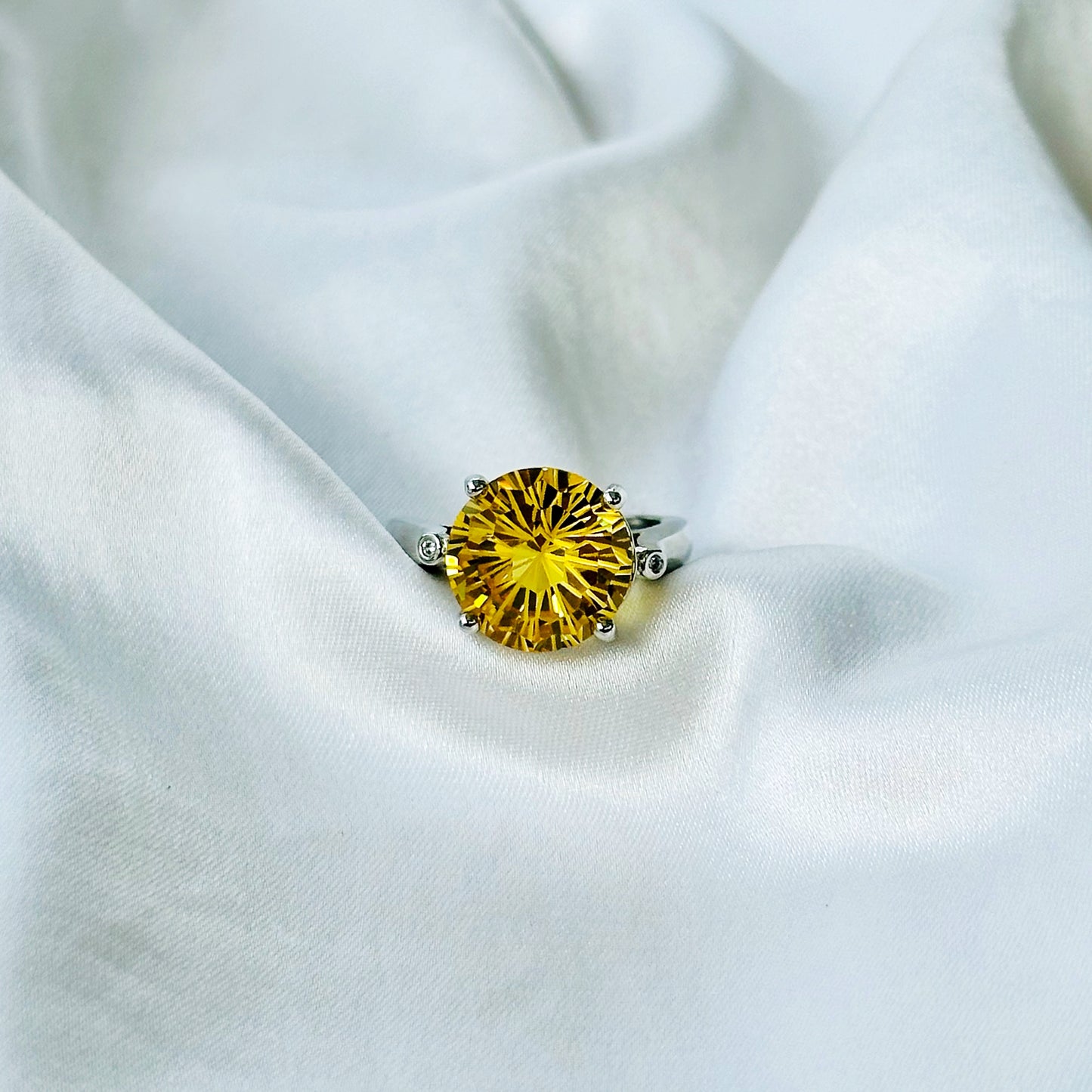 Yellow Topaz Cubic Zircon Ice Cut American Diamond Silver Plated Adjustable Ring
