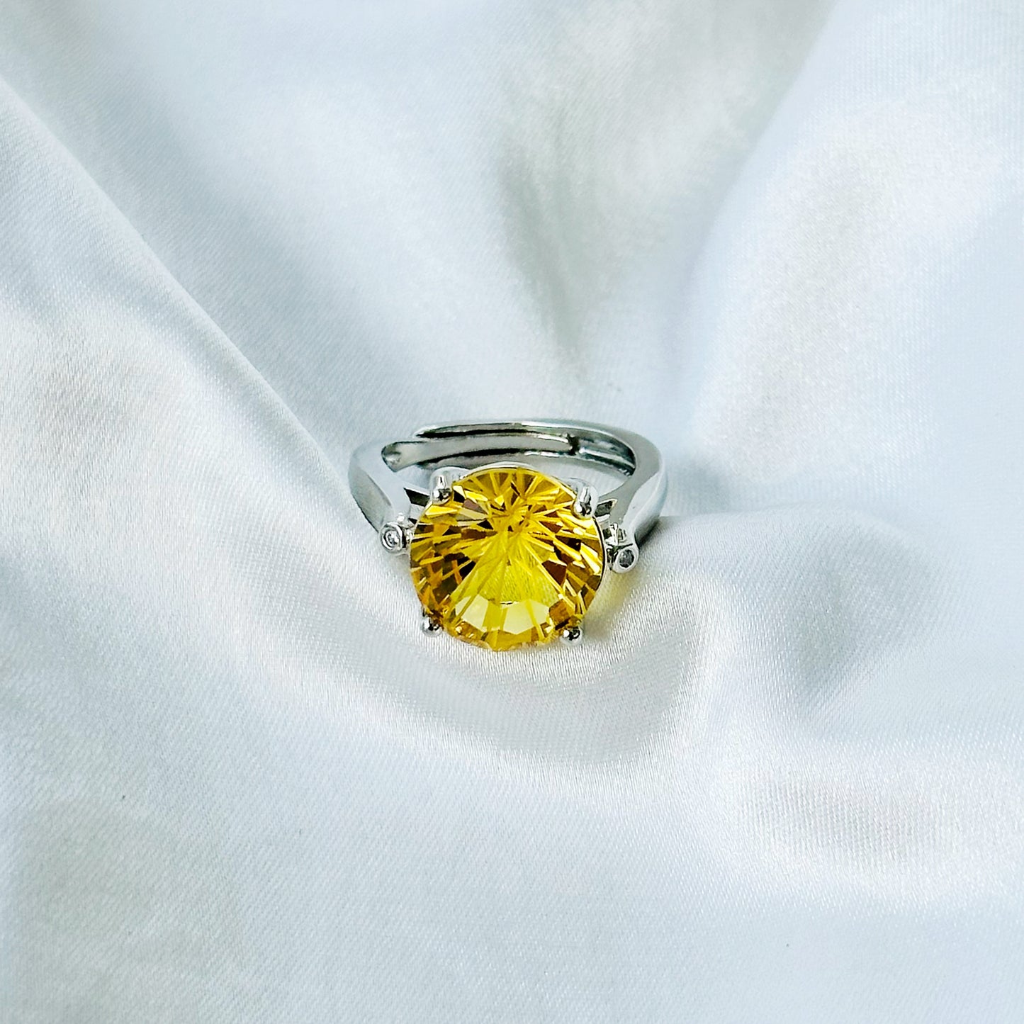 Yellow Topaz Cubic Zircon Ice Cut American Diamond Silver Plated Adjustable Ring