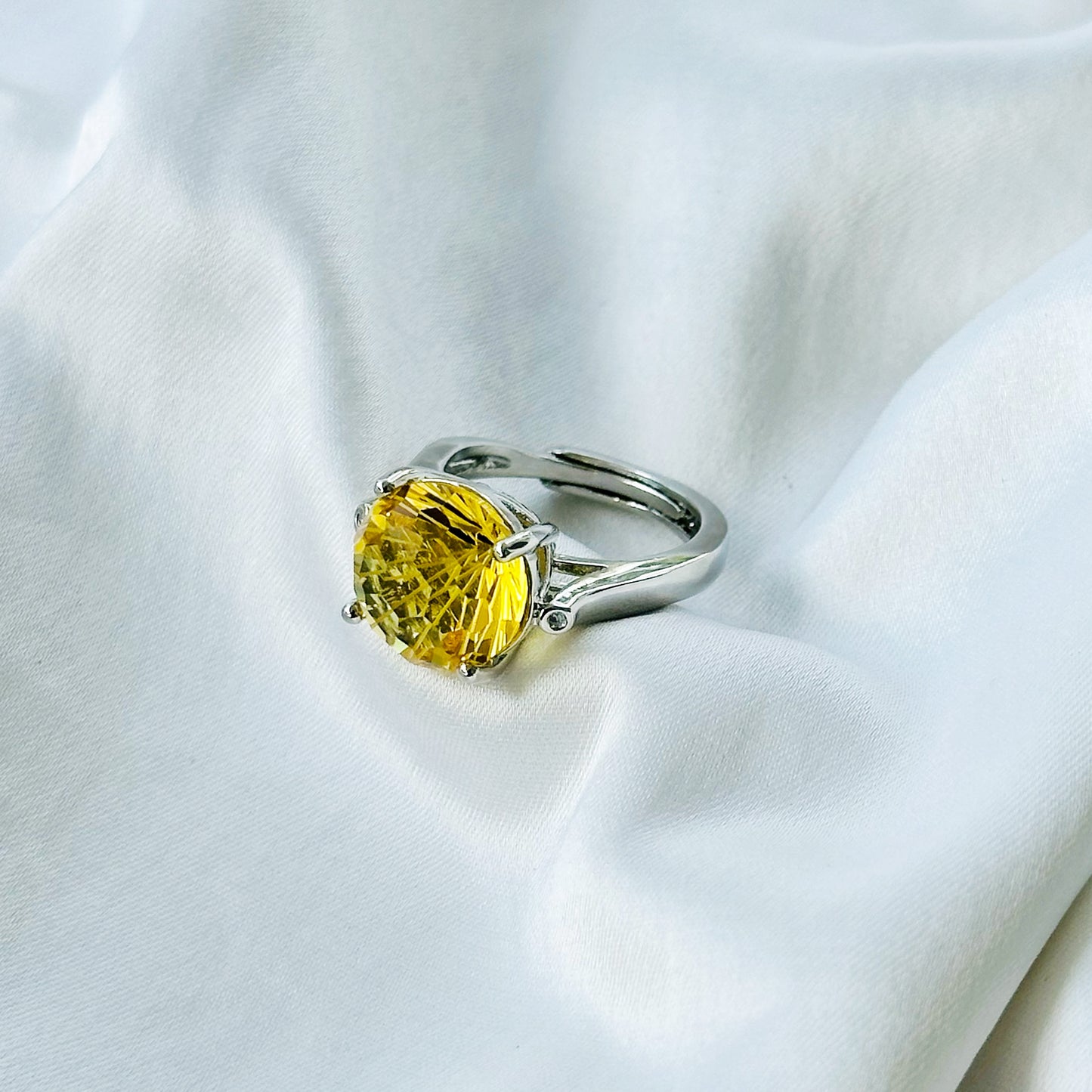 Yellow Topaz Cubic Zircon Ice Cut American Diamond Silver Plated Adjustable Ring