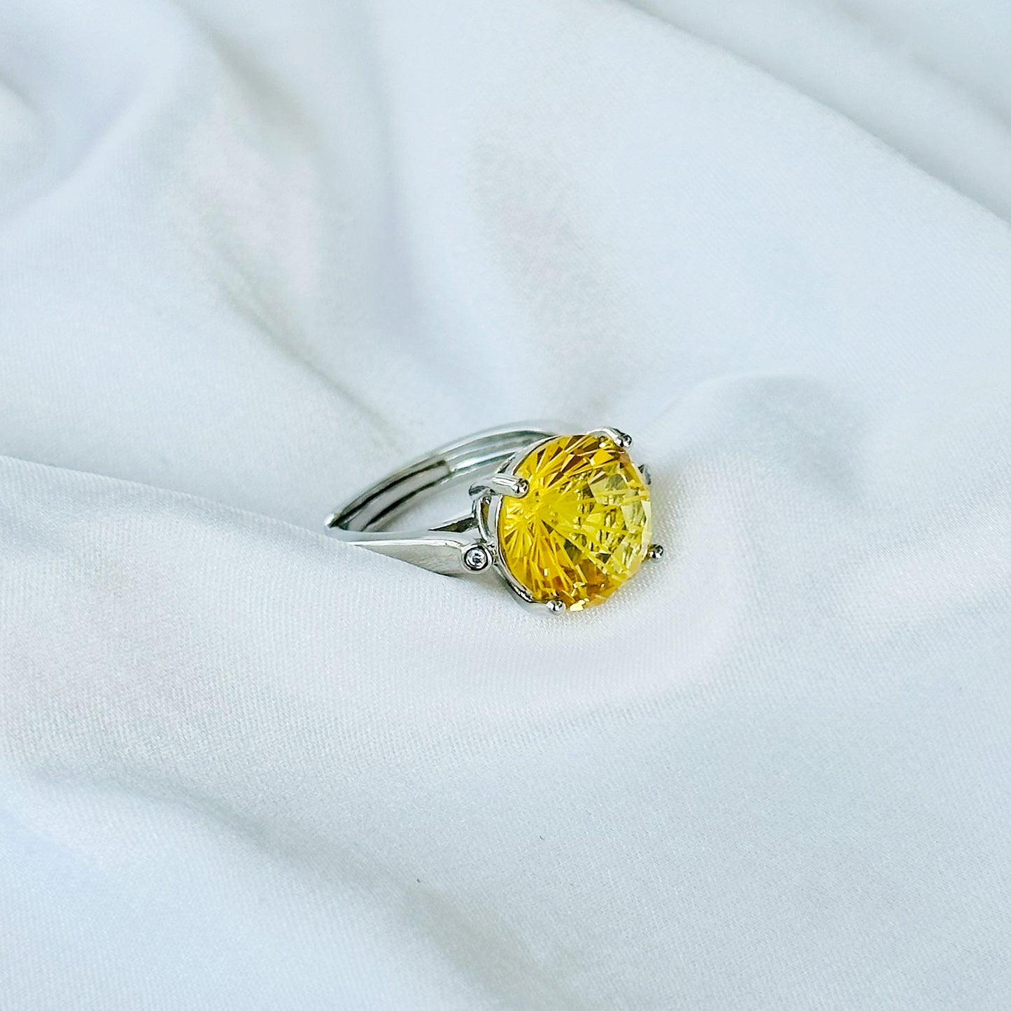 Yellow Topaz Cubic Zircon Ice Cut American Diamond Silver Plated Adjustable Ring