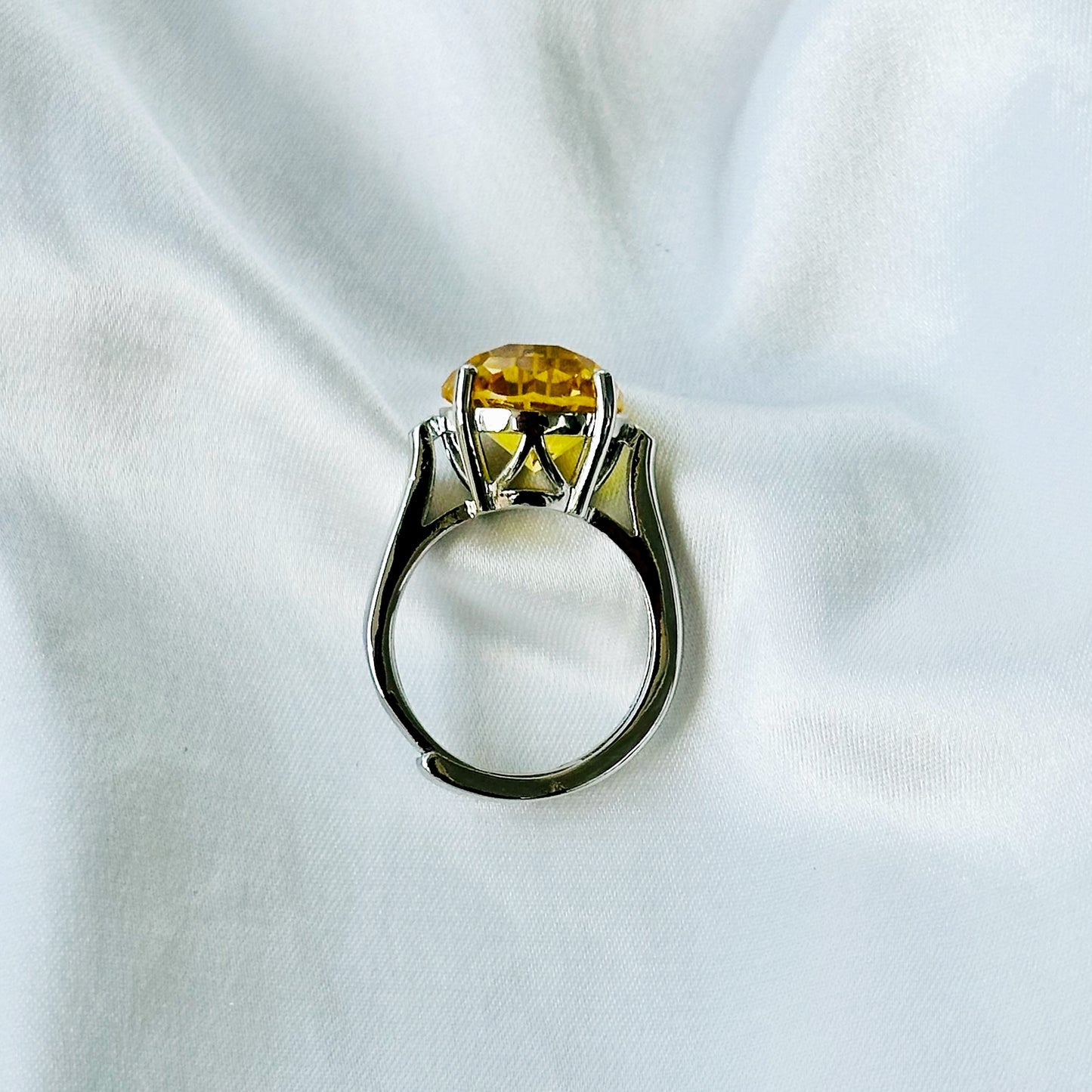 Yellow Topaz Cubic Zircon Ice Cut American Diamond Silver Plated Adjustable Ring