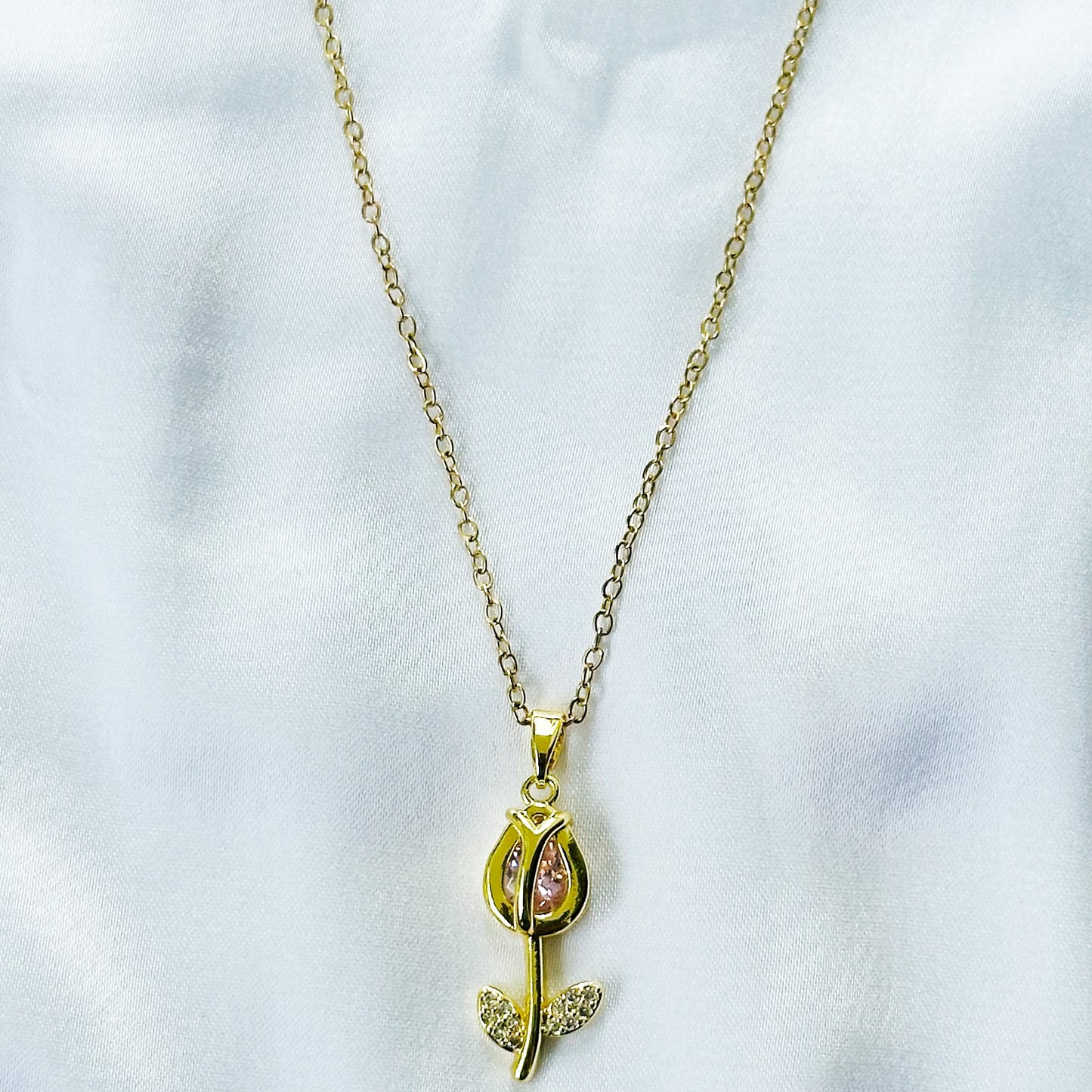 Pink Topaz Cubic Zirconia Tulip Design American Diamond Gold Plated Stainless Steel Necklace