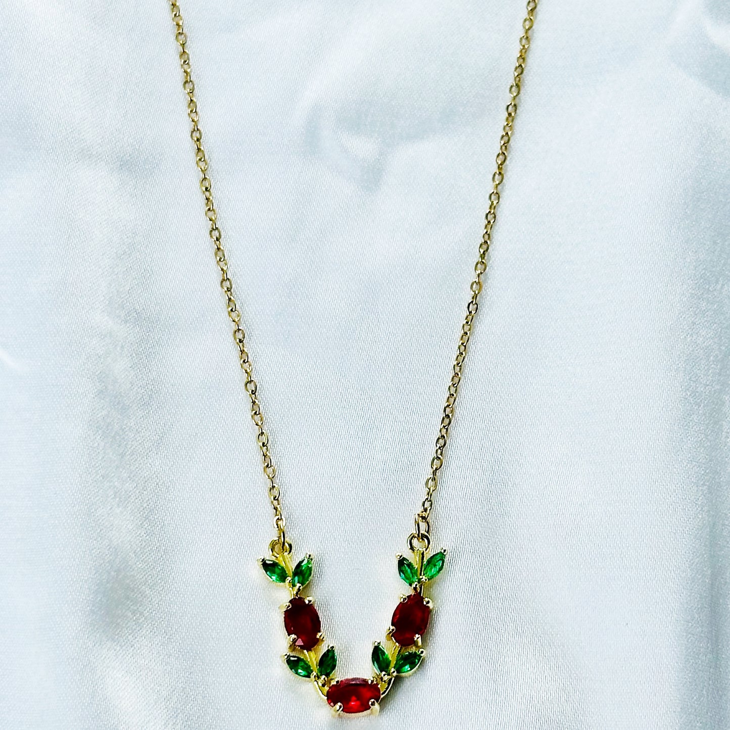 Green Emerald & Red Ruby Cubic Zirconia Tulip Design American Diamond Gold Plated Stainless Steel Necklace