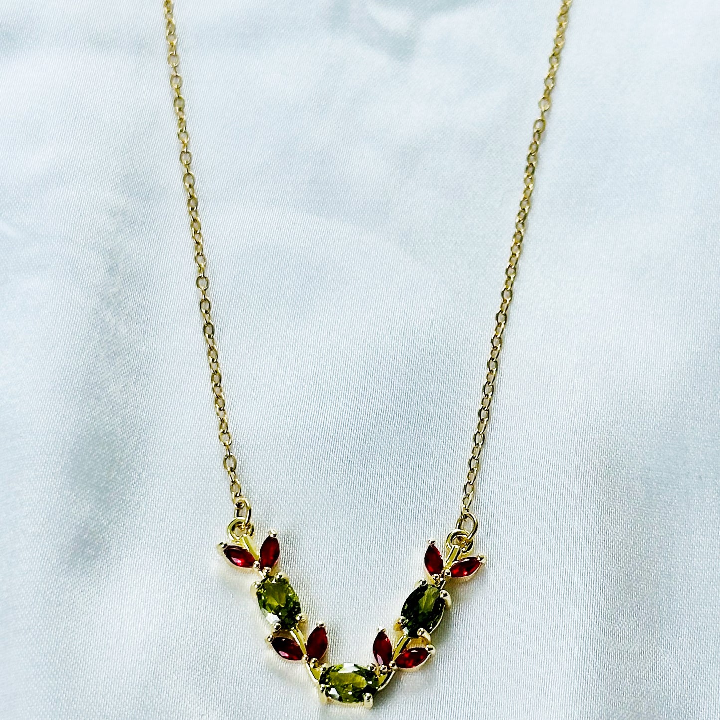 Olive Green & Red Ruby Cubic Zirconia Tulip Design American Diamond Gold Plated Stainless Steel Necklace
