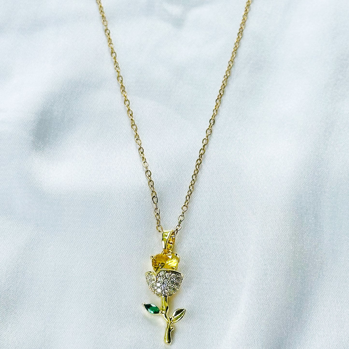 Green Emerald & Yellow Topaz Cubic Zirconia Flower Design American Diamond Gold Plated Stainless Steel Necklace