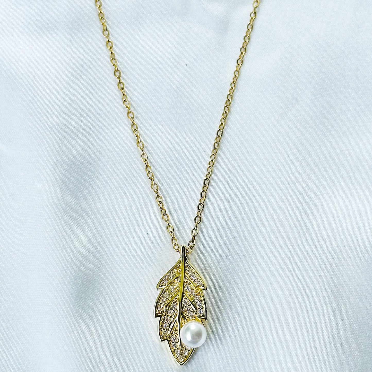Leaf Design Pearl Studded American Diamond Gold Plated Stainless Steel Necklace