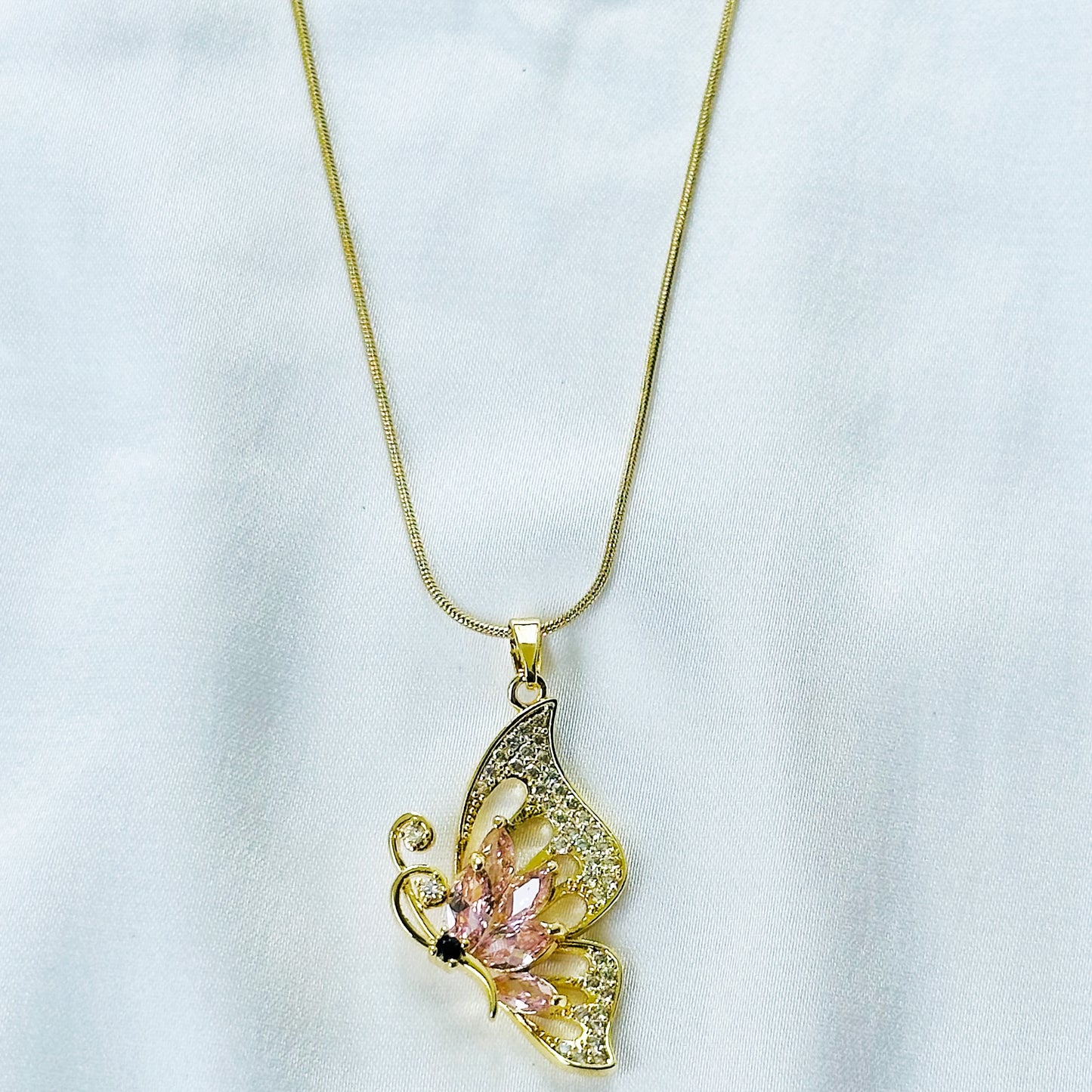 Pink Topaz Cubic Zirconia Butterfly Design American Diamond Gold Plated Stainless Steel Necklace